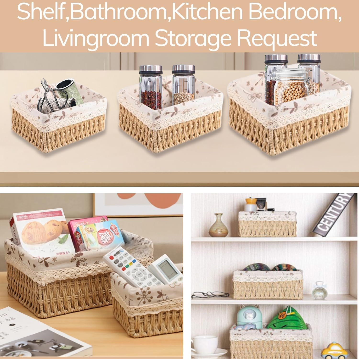 Uandhome Storage Basket Set,3 Pcs Wicker Baskets with Removable Liner for Organizing Storage Baskets for Shelves Woven Basket Decorative Basket Rectangle Basket (Square) image number 3