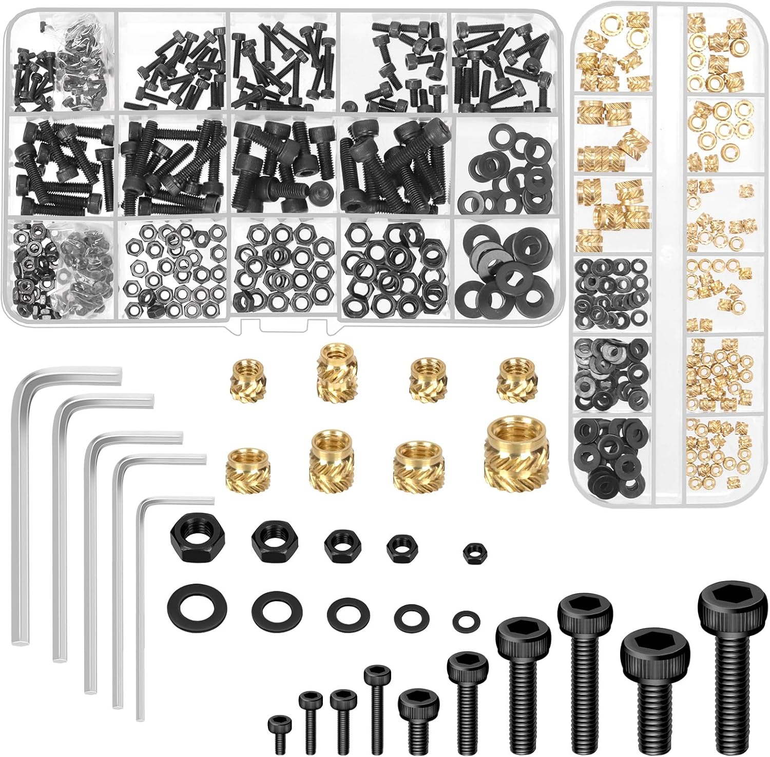 Cimeton 595PCS M2 M2.5 M3 M4 M5 Hex Socket Head Cap Bolts and Brass Knurled Nuts with Hex Wrench and Flat Washers Hex Nuts Assortment Kits Metric Machine Bolts Threaded Inserts for Mechanical Equipment image number 1