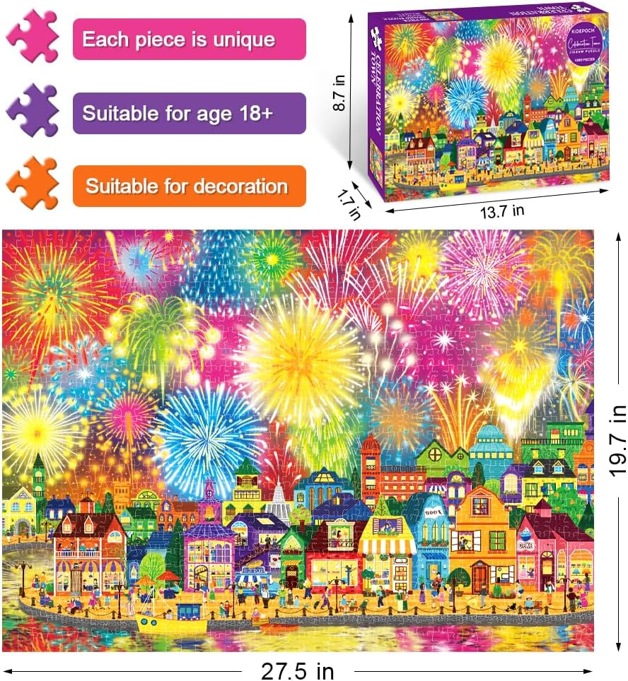 Fireworks Jigsaw Puzzles for Adults 1000 Pieces Fireworks Celebration Puzzles for Decoration Colourful 1000 Pcs Celebration Town Jigsaw Puzzles for Adults, 27.5 X 19.7 Inch image number 1