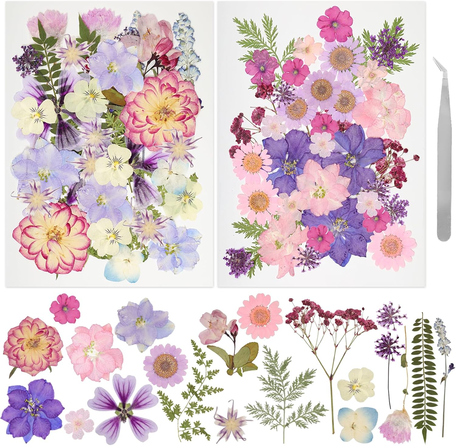 Dried Pressed Flowers Mixed Colorful Daisy Herbs Kit Resin Real Pressed Flowers Natural Dry Leaves Bulk with Tweezers for Making Nails Decoration Scrapbooking DIY Jewelry Candle Crafts image number 1