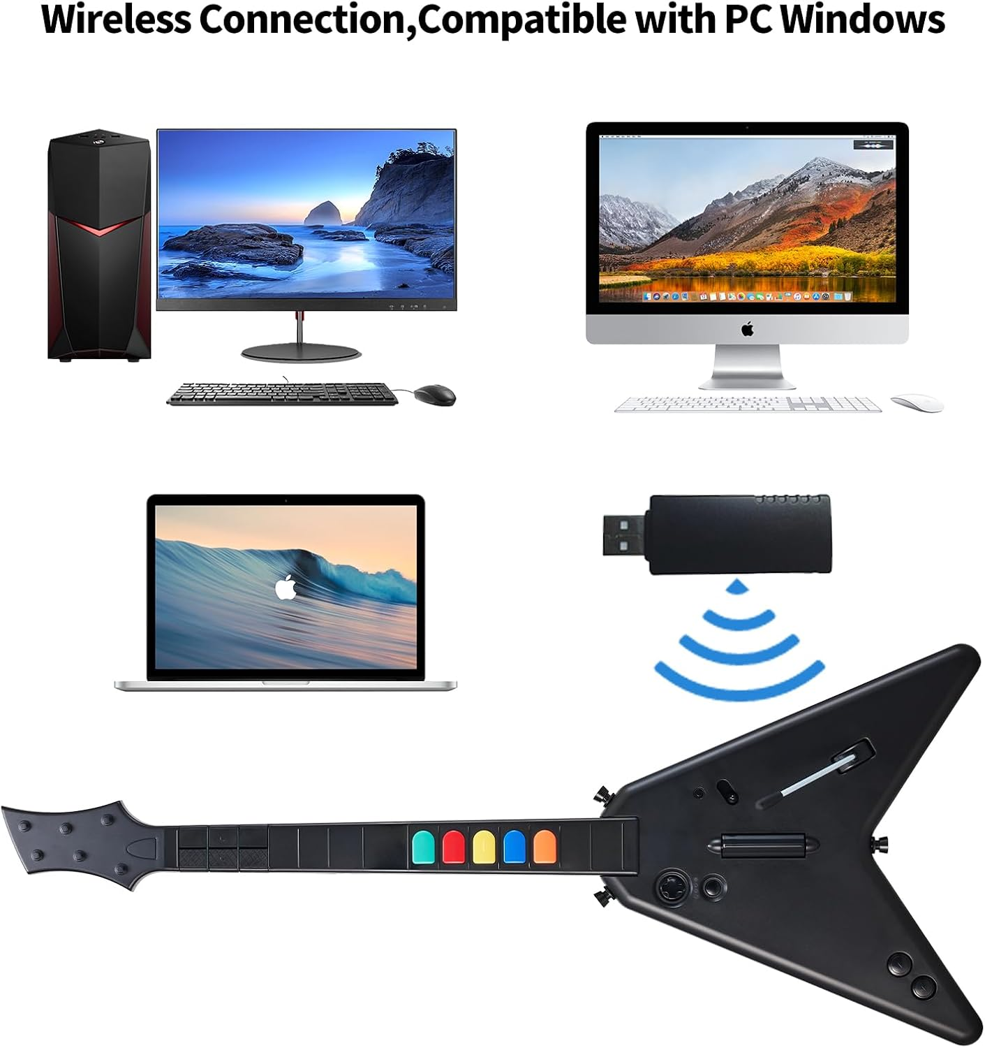 NBCP Wireless Guitar Controller for Playstation 4, Pc,Ps4/Ps3,Clone Hero,  Festival,Compatible with Guitar Hero & Rock,Plug-And-Play USB Receiver image number 3