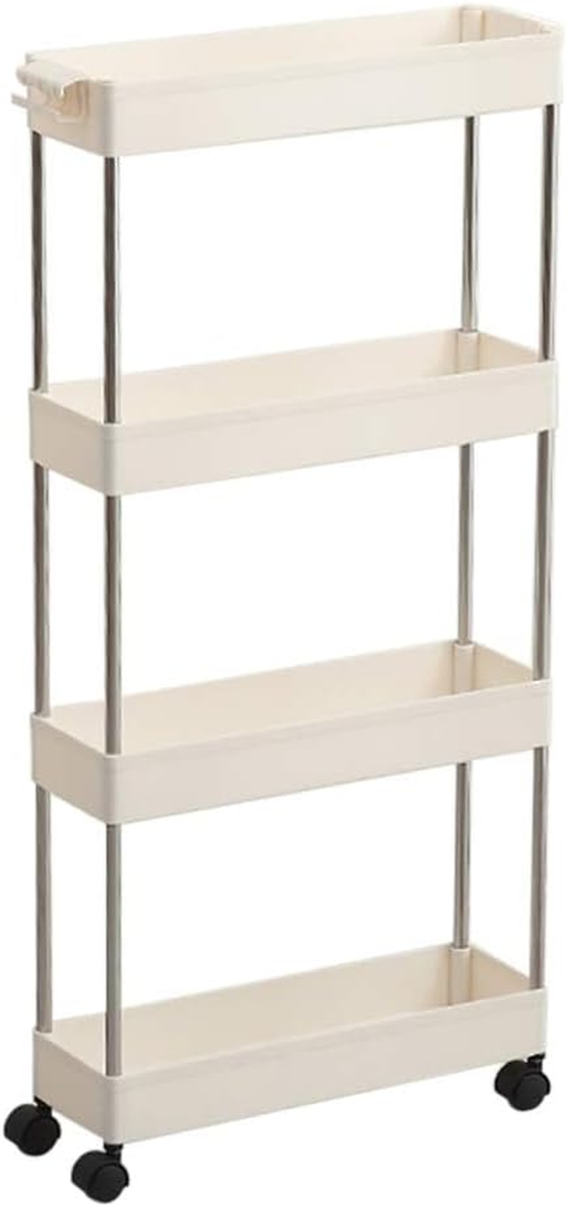 Storage Cart 4 Tiers Unit Shelf Rack with Wheels Slim Cart Tower Organizer for Kitchen Plastic & Stainless Steel White image number 3