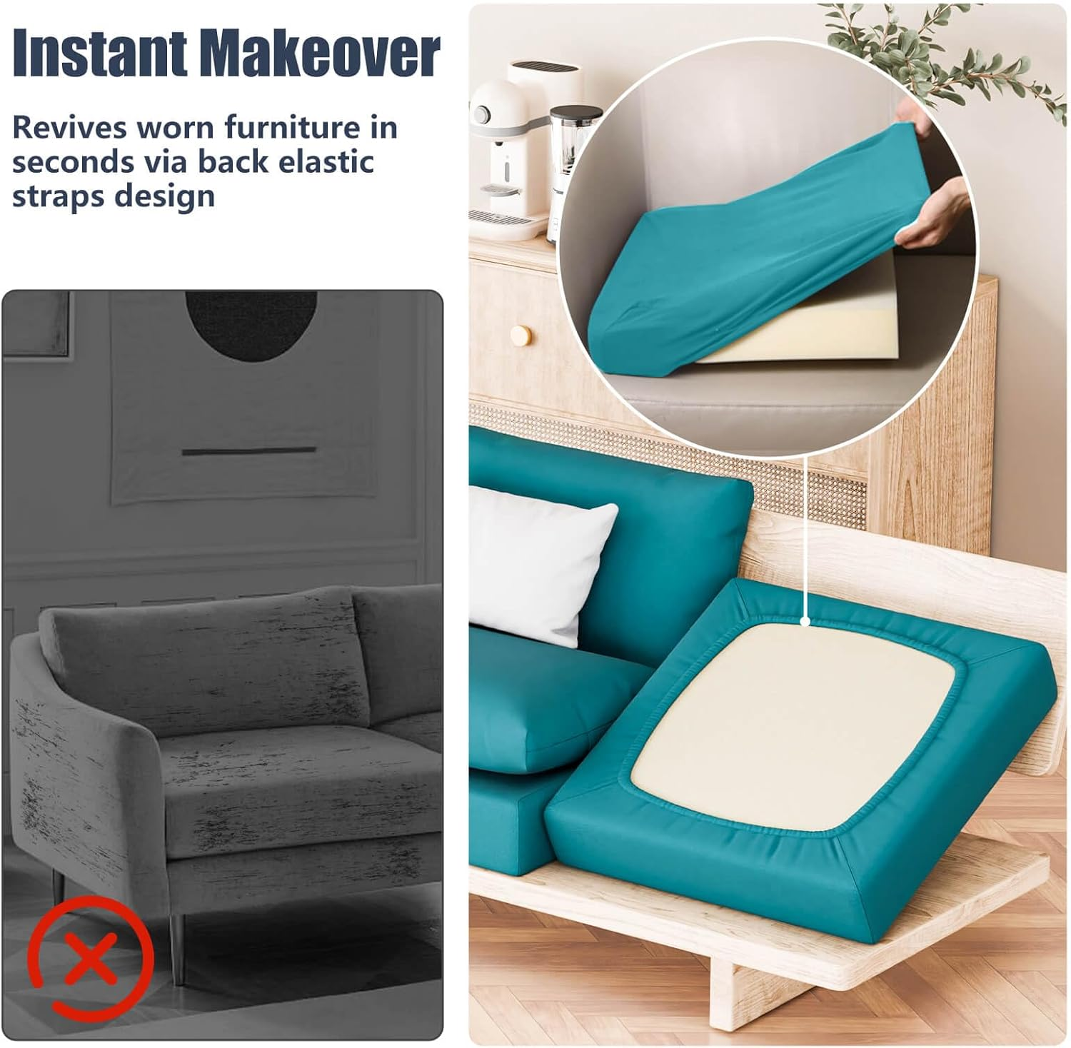 8Pcs Stretch Patio Cushion Covers, Outdoor Couch & Sofa Replacement Slipcovers for Patio Furniture Cushion Covers, Washable Reusable Furniture Protector, Square-Large, Petrol-Blue image number 2