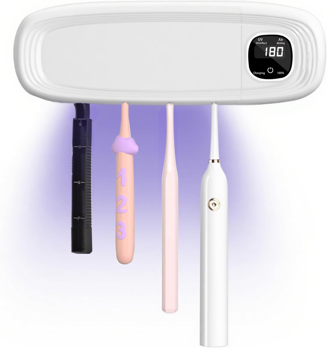 Toothbrush Sanitizer and Holder, UV Toothbrush Holder with Air Drying Function, Rechargeable LED Tooth Brush Holder Wall-Mounted for Bathroom, Timer Function, No Drilling, 4 Slots (Black)