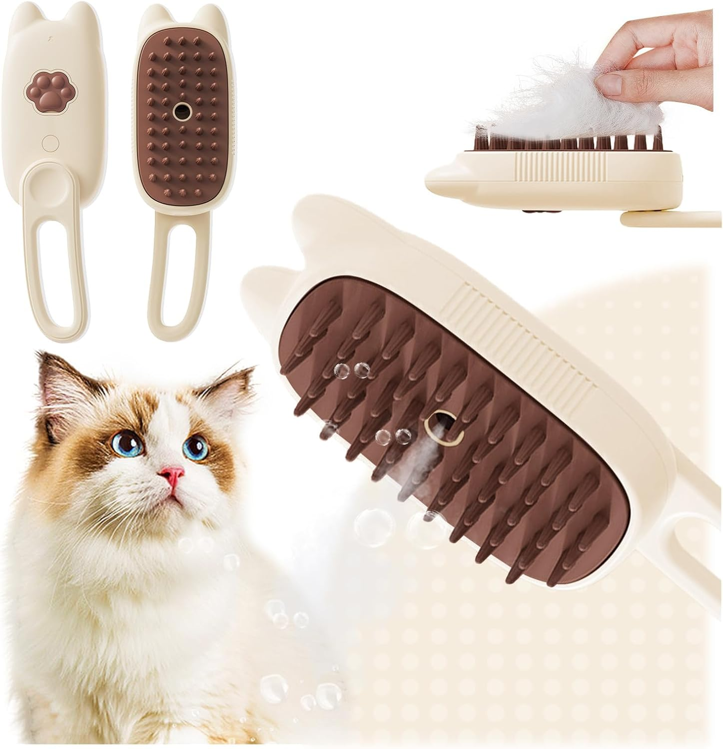 Steamy Cat Brush Cat Steam Brush 3 in 1 Cat Steam Brush for Massage Detangling and Hair Removal Cat Grooming Brush for Cats and Dogs (Milky)