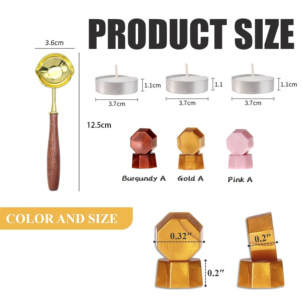400 PCS Sealing Wax Beads for Stamp,Wax Seal Kit with 3 Tea Candles and 1 Melting Spoon,Antique Decor,Octagon Wax Pellets,For Wine Packages,Wedding Invitations,Envelope (Crown Gold) - Crown Gold image number 6