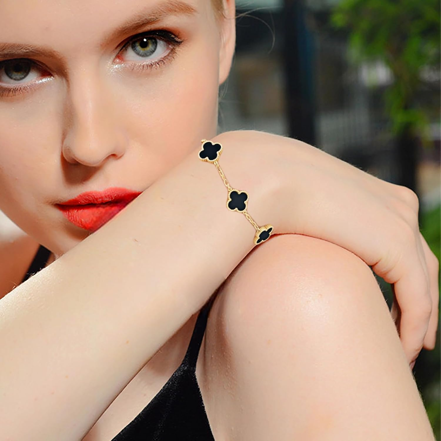 AIQIUQIU 18K Gold Plated Four Leaf Clover Bracelet, Lucky Link Bracelets Double-Sided Adjustable Design Jewelry for Women Girls Christmas Valentine'S Day Gifts - Green image number 7