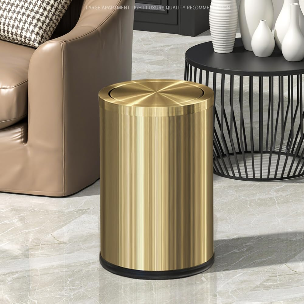 LEASYLIFE Antique Gold Trash Can with Lid - 2.4 Gallon Small Bathroom Garbage Can, Flipping Lid for Bathroom, Laundry, Hotel, Office - Metallic Gold (Single) image number 1