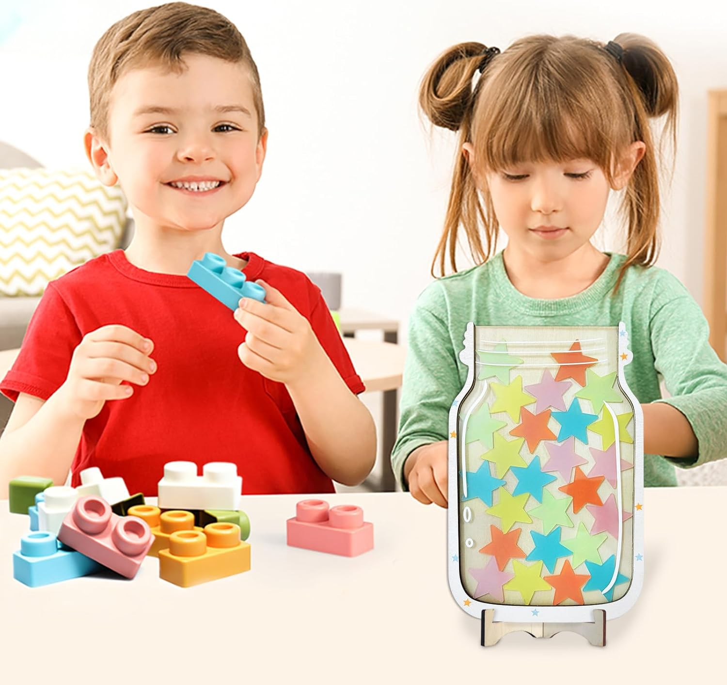 Personalized Pastel Stars Reward System, Incentive Jar for Classroom Responsibility, Children'S Reward with Standing Wooden Base and Linen Pocket for Home School Teacher Parent image number 6