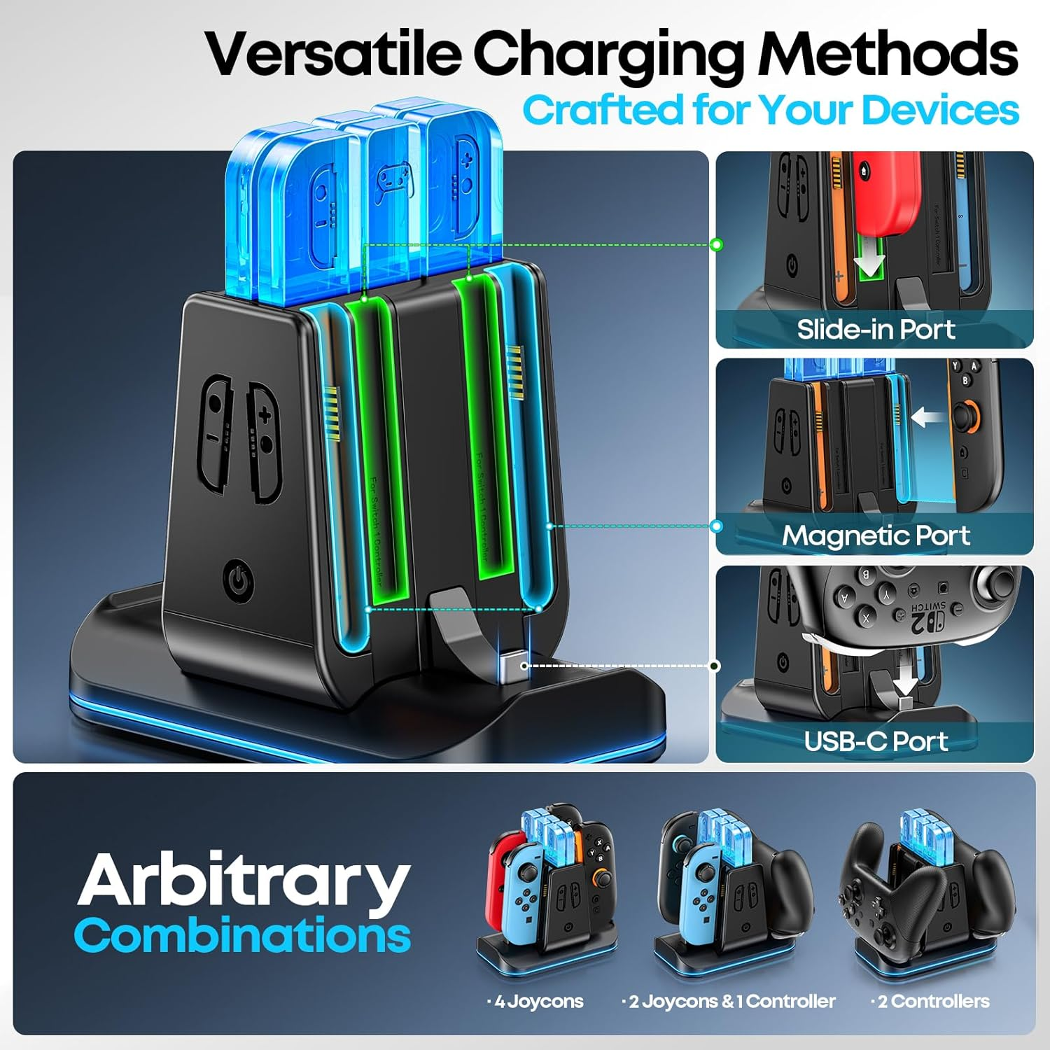 Switch Controller Charger for Joycon 2/1 & Pro 2/1 Controller, Switch Charging Dock with 9 RGB Light Modes, 6 in 1 Joycon Charger Dock for 4 Joycons and 2 Pro Controllers with LED Indicator image number 2