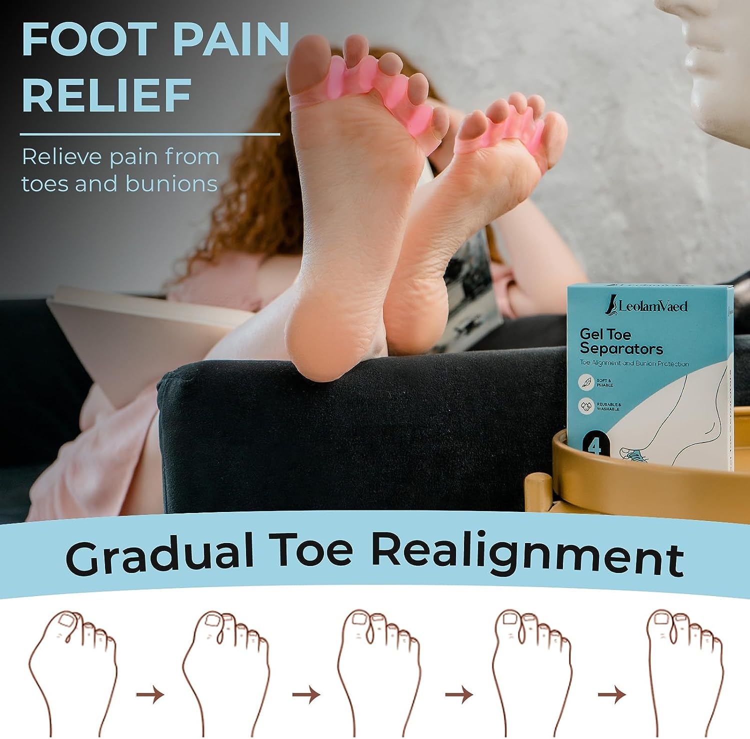 (4 Pieces in Two Types) Toe Separators & Toe Spacers for Feet Men and Women, Fast Pain Relief from Hammer Toe & Bunions, Medical Grade Gel Hammer Toe Corrector Straightener for Walking & Yoga