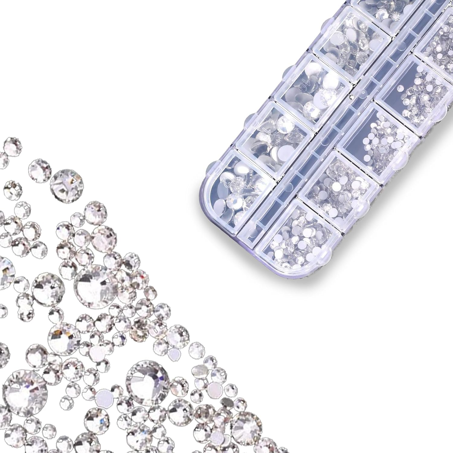 Hrenvaxil Rhinestones, Nail Gems - 2000 Pieces Flat Back round Crystal Bedazzling Kit with 6 Sizes (1.5-6 Mm), Tweezers and Picking Pen for Crafts, Nail, Face Art, Clothes, Shoes, Bags DIY (White) image number 3