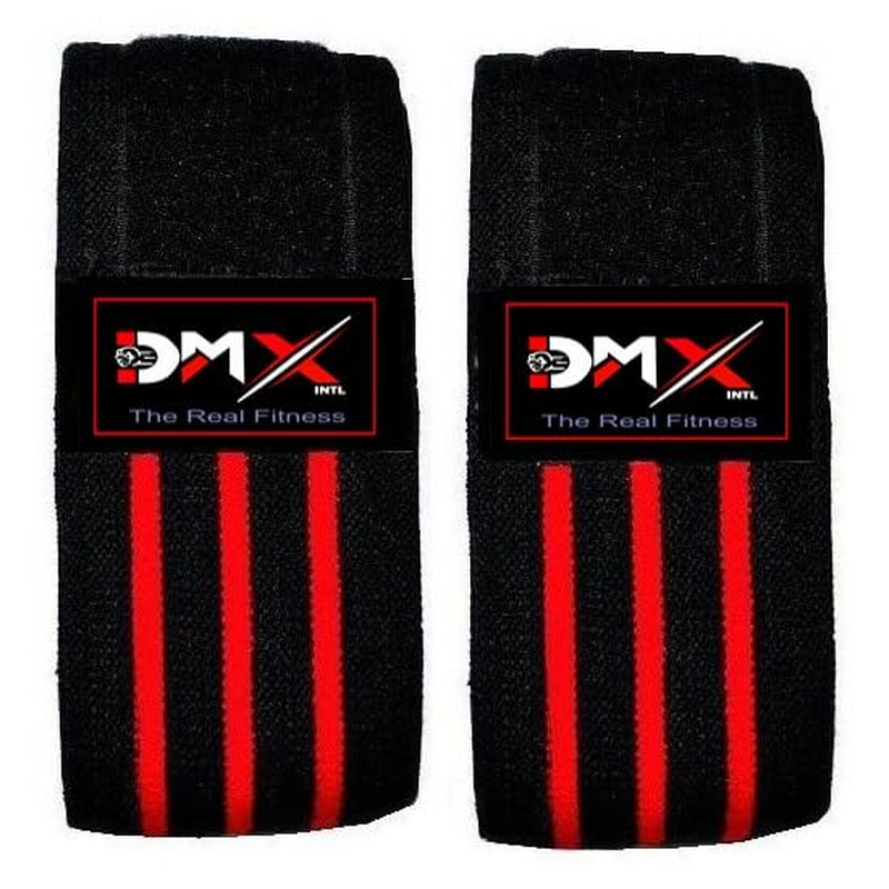 DMX INTL Weight Lifting Knee Wraps Heavy Duty Elastic Support Straps Pair Ideal for Weightlifting, Powerlifting, Gym Training Workout, Squats (Black/White)