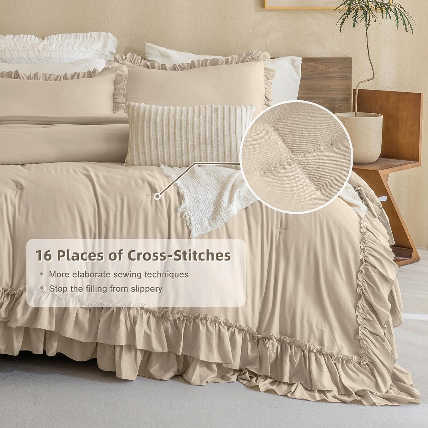 Masaca Ruffled Comforter Set Queen,3-Piece Farmhouse Shabby Boho Chic Bedding,Ultra Soft Linen Feel Textured Bed Comforter Set (1 Ruffle Comforter+2 Pillow Shams) image number 2