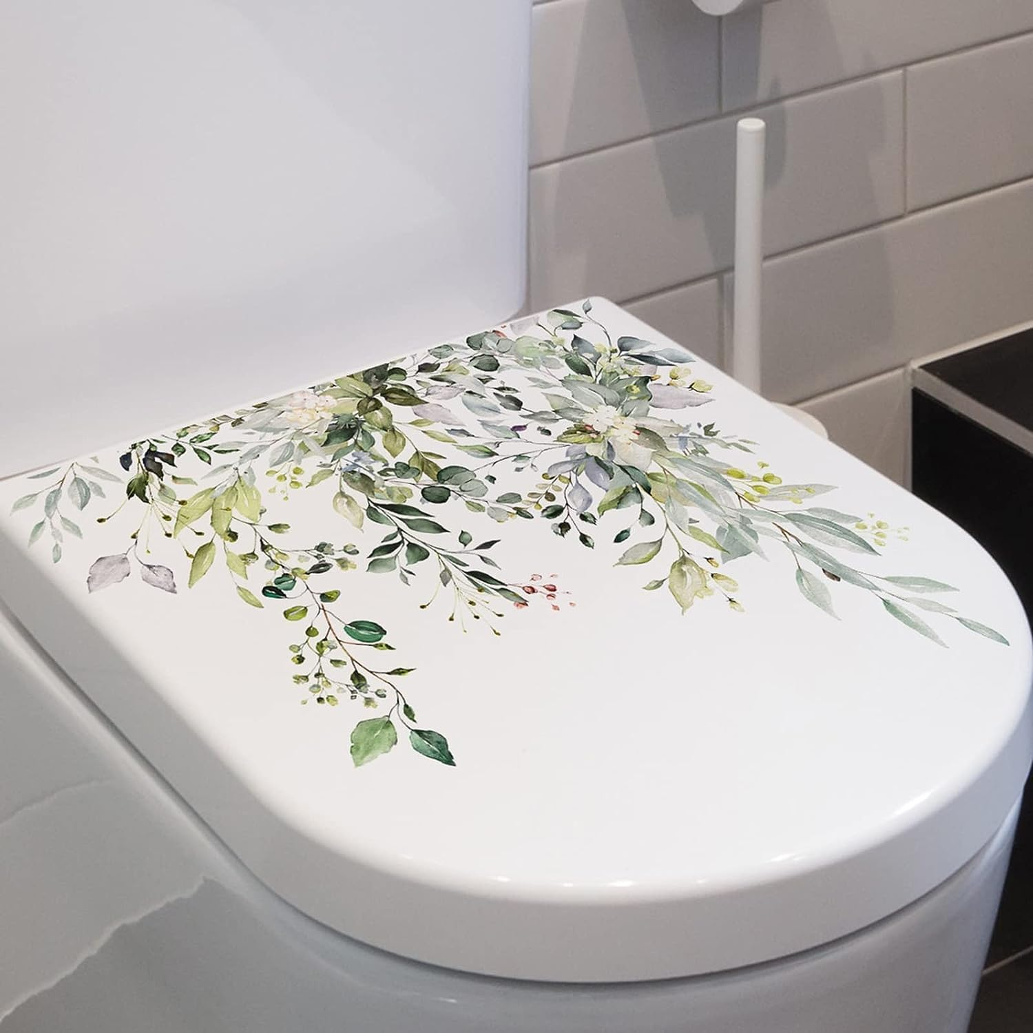 Green Plant Leaves Flowers Toilet Seat Lid Stickers Self-Adhesive Bathroom Wall Stickers Green Leaf Floral Toilet Lid Decals DIY Removable Waterproof Toilet Sticker for Bathroom Cistern Decor image number 2