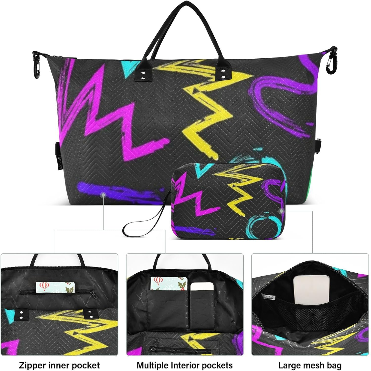 Colorful Art Trend Graffiti Overnight Travel Duffel Bag Travel Weekender Gear Bag Gym Duffel Bag with Toiletry Bag for Hiking Foldable, Colorful Art Trend Graffiti, 1 Size image number 5