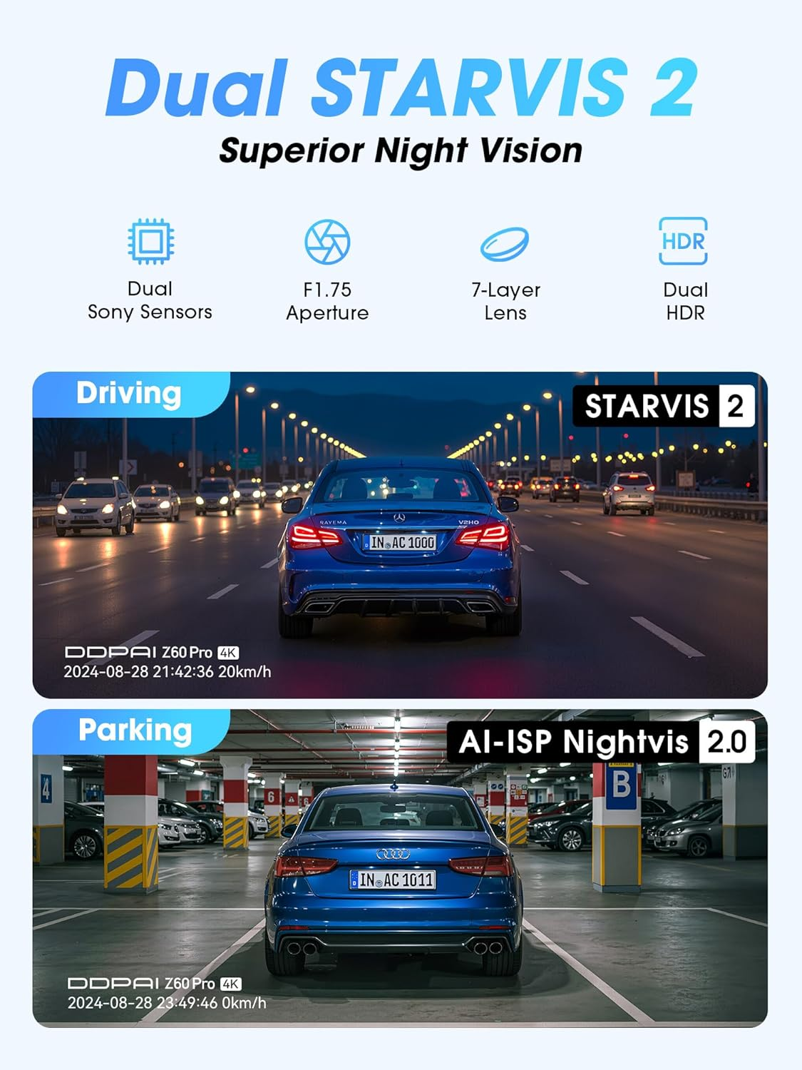 DDPAI Dash Cam 3 Channel Z60 Pro &Pi;link, 4K+1080P+2K Dash Cam, Dual STARVIS 2 Sensors,5G Wifi GPS, Dashcam with Free 32GB Emmc,Night Vision,3" IPS,HDR,ADAS,24H Parking Mode,Loop Recording, G-Sensor