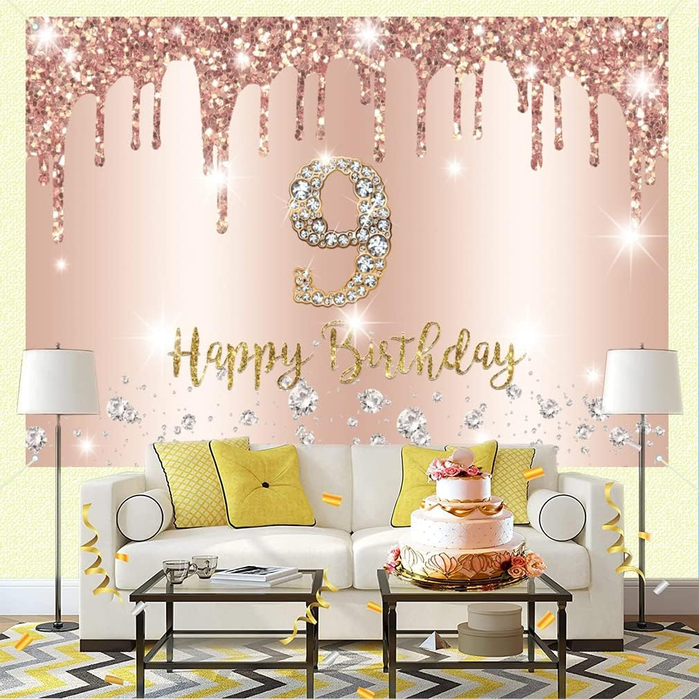 Tecreo Happy 9Th Birthday Decorations Backdrop Banner for Girls, Rosegold Fabric Sign Poster, 59"X35.4", Pink, Vinyl, No Rope Included image number 5