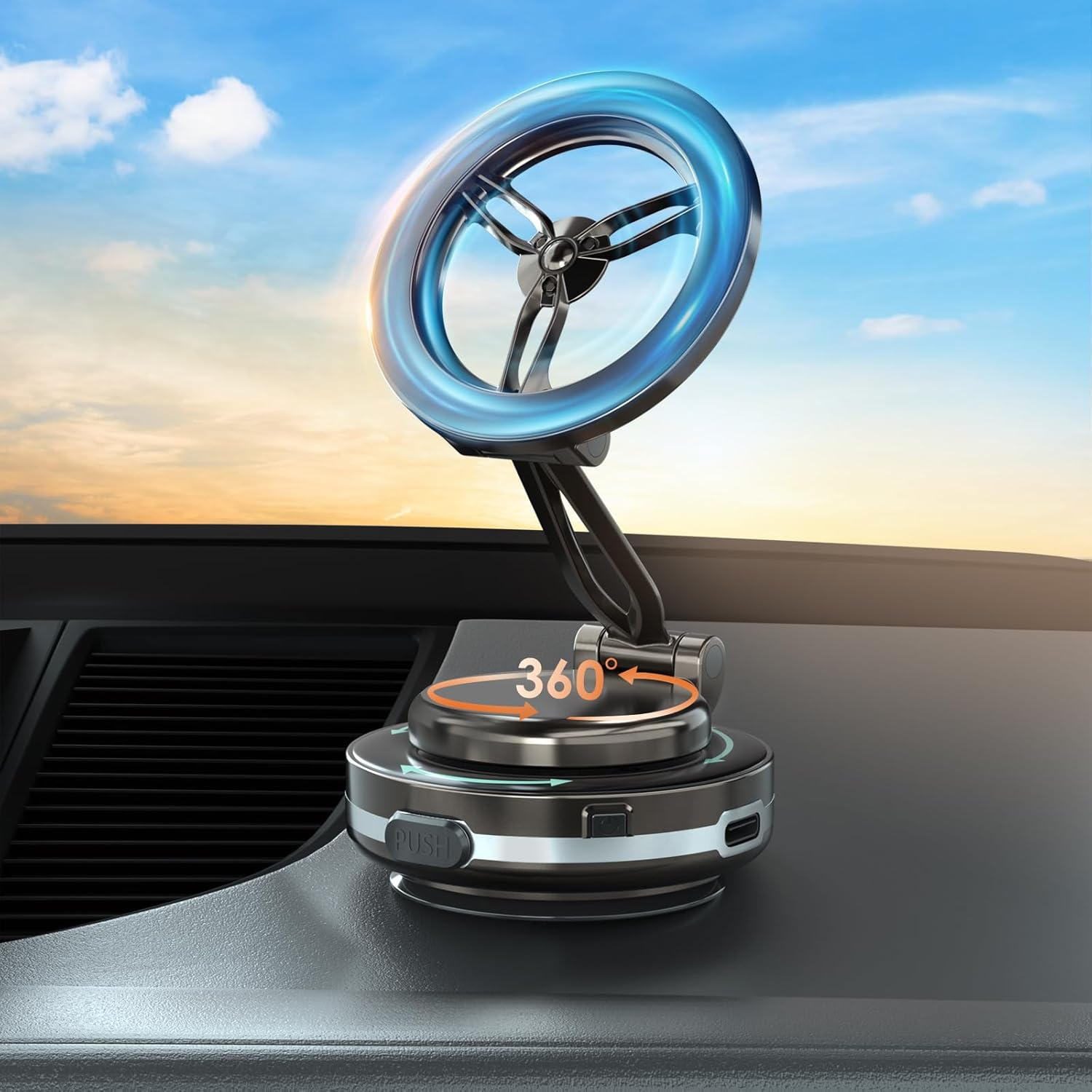 360&deg; Electric Magnetic Vacuum Phone Holder, Double Sided Attachment Car Phone Mount, Hands Free Magnetic, Double Sided Holder for Car Dashboard Mounting, Smooth Surfaces (Black) image number 2