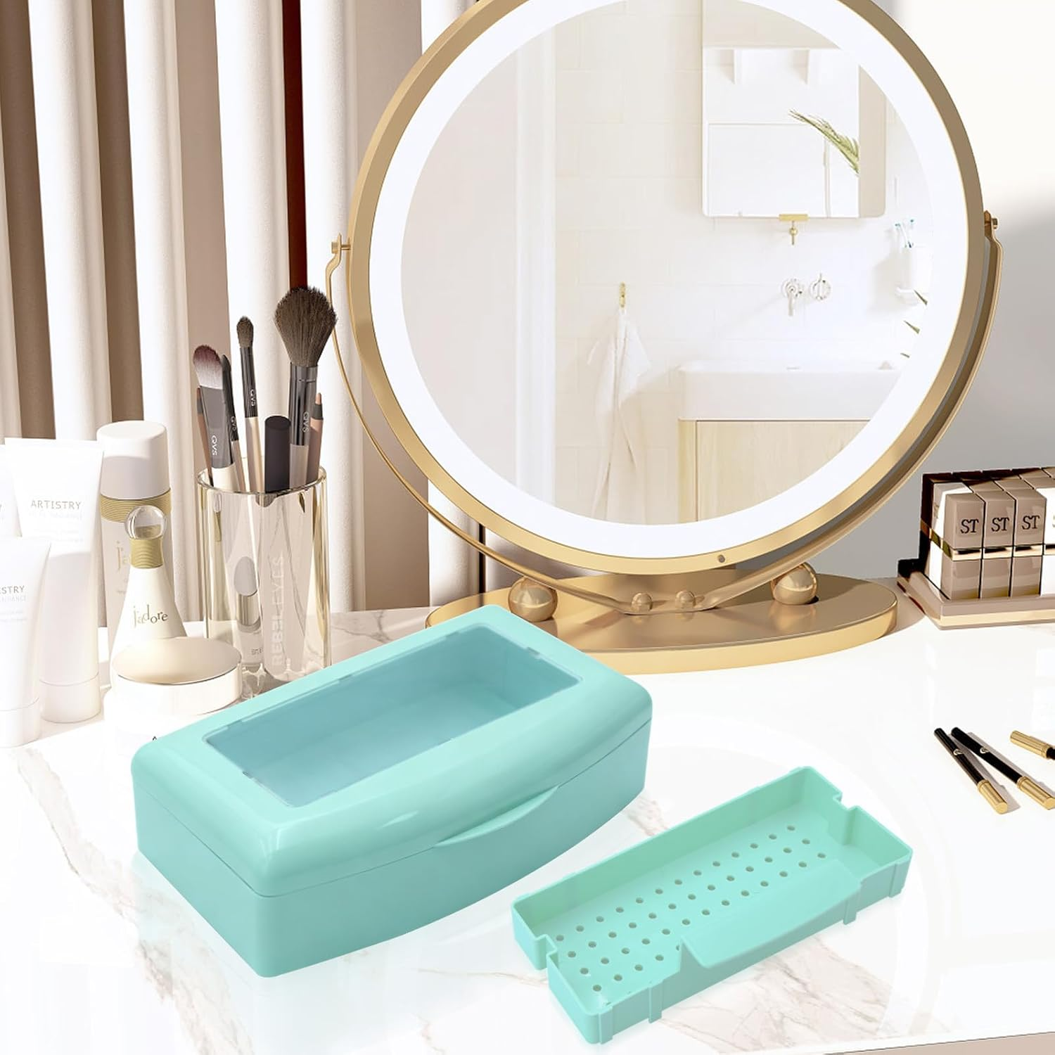 ZHIYUQL Disinfectant Tray, Nail Tool Steriliser Box with Removable Strainer and Lid, Sterilisation Box, Instrument Tray, for Beauty Salon, Manicure, Hair Tools, Cleaning Items (Blue) - Black image number 3