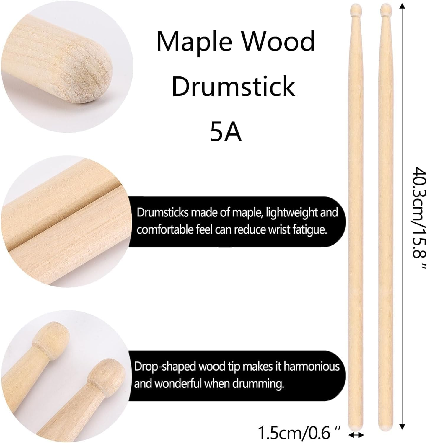 Drumsticks 5A, 2 Pairs Classic Maple Wood Drum Sticks for Kids Adults and Beginners, Anti-Slip and Durable Drumsticks image number 3