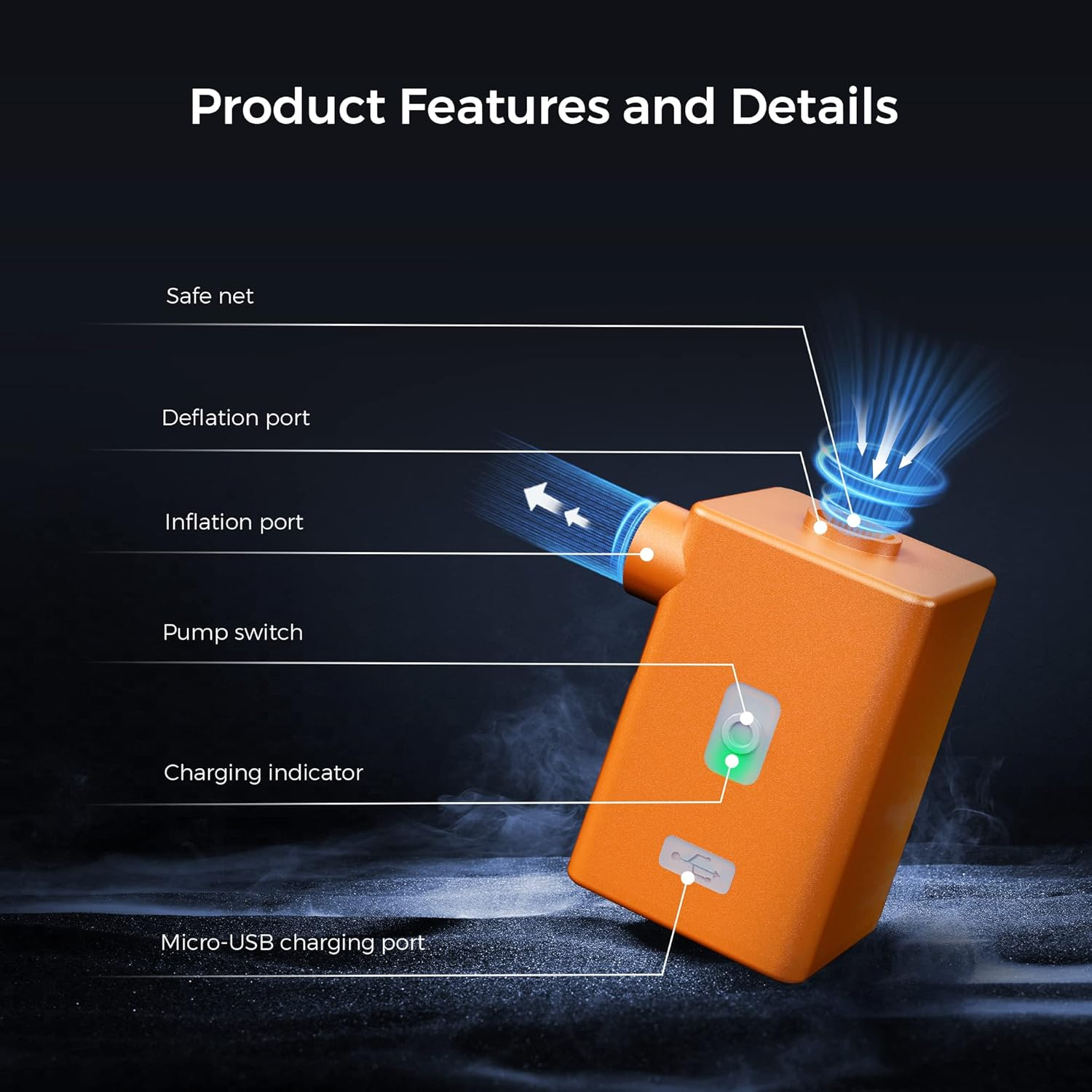 FLEXTAILGEAR - MAX Pump plus Portable Air Pump with 3600Mah Battery USB Rechargeable Lightwight Quick Inflate Deflate for Pool Floats Bed Air Mattress Swimming Ring (Orange) image number 5