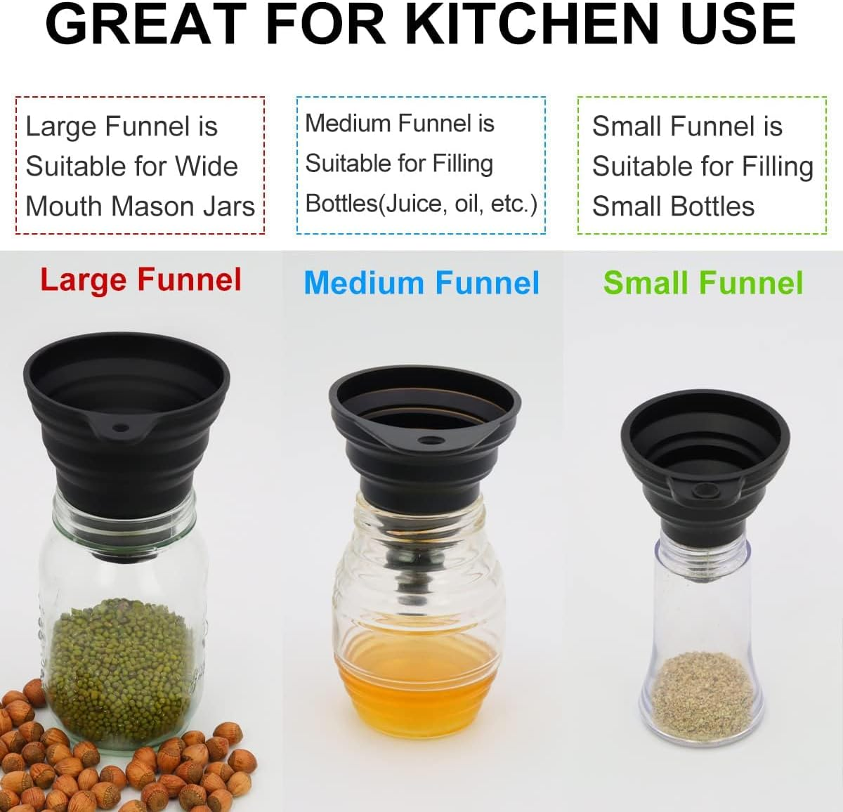 Kitchen Funnel Set, 3 Sizes of Food Grade Funnels for Filling Bottles, Premium Silicone Collapsible Funnel for Transferring Liquid, Powder Transfer, Large Wide Mouth Canning Funnel, Small Funnel image number 5