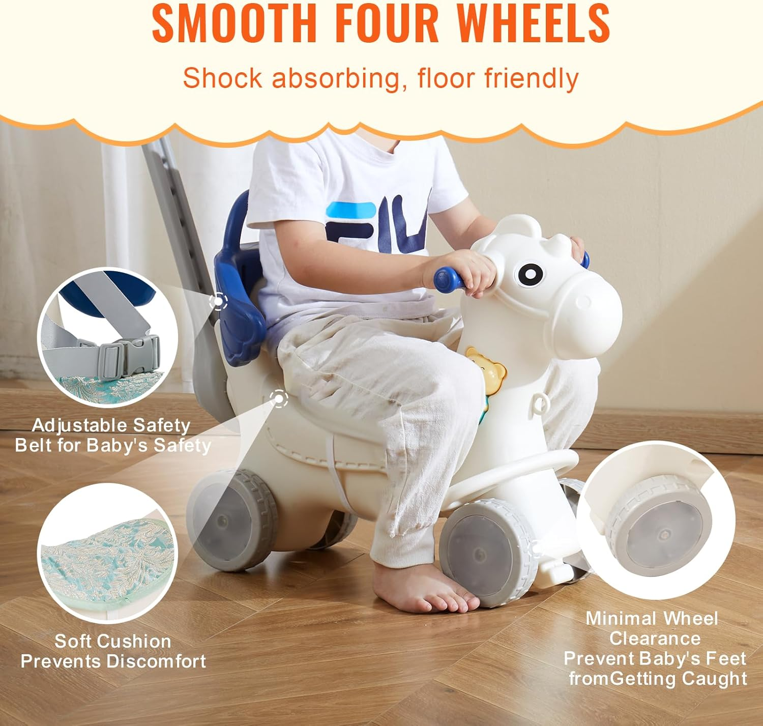 VEVOR 4 in 1 Rocking Horse for Toddlers 1-3 Years, Baby Rocking Horse with Detachable Balance Board, Push Handle and 4 Smooth Wheels, Support up to 80 Lbs HDPE Kids Ride on Toy with Sound, Blue image number 4