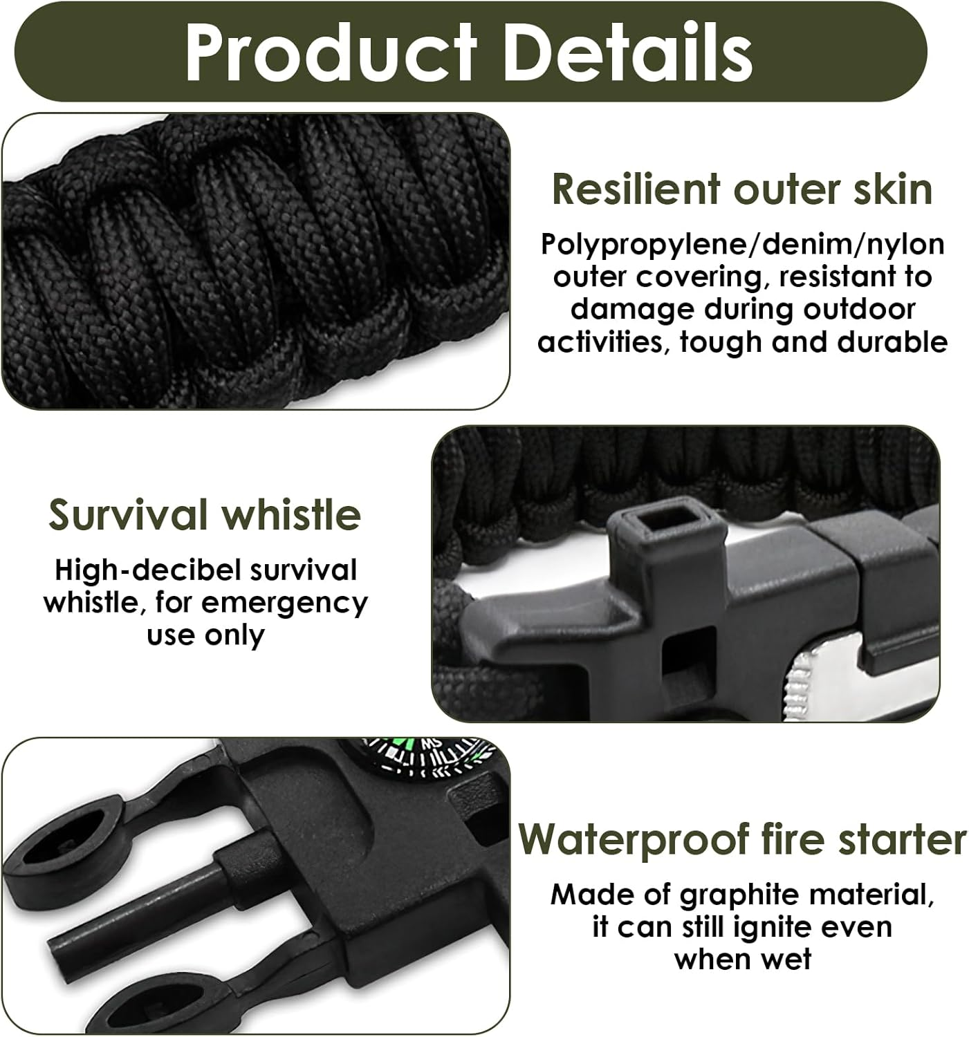 3 Pcs Adjustable Paracord Bracelets Kit - Ourtdoor Survival Bracelets with Fire Starter, Loud Whistle & Precision Compass, Durable & Lightweight for Camping, Hiking, Hunting (Black, Army Green & Camo) image number 3