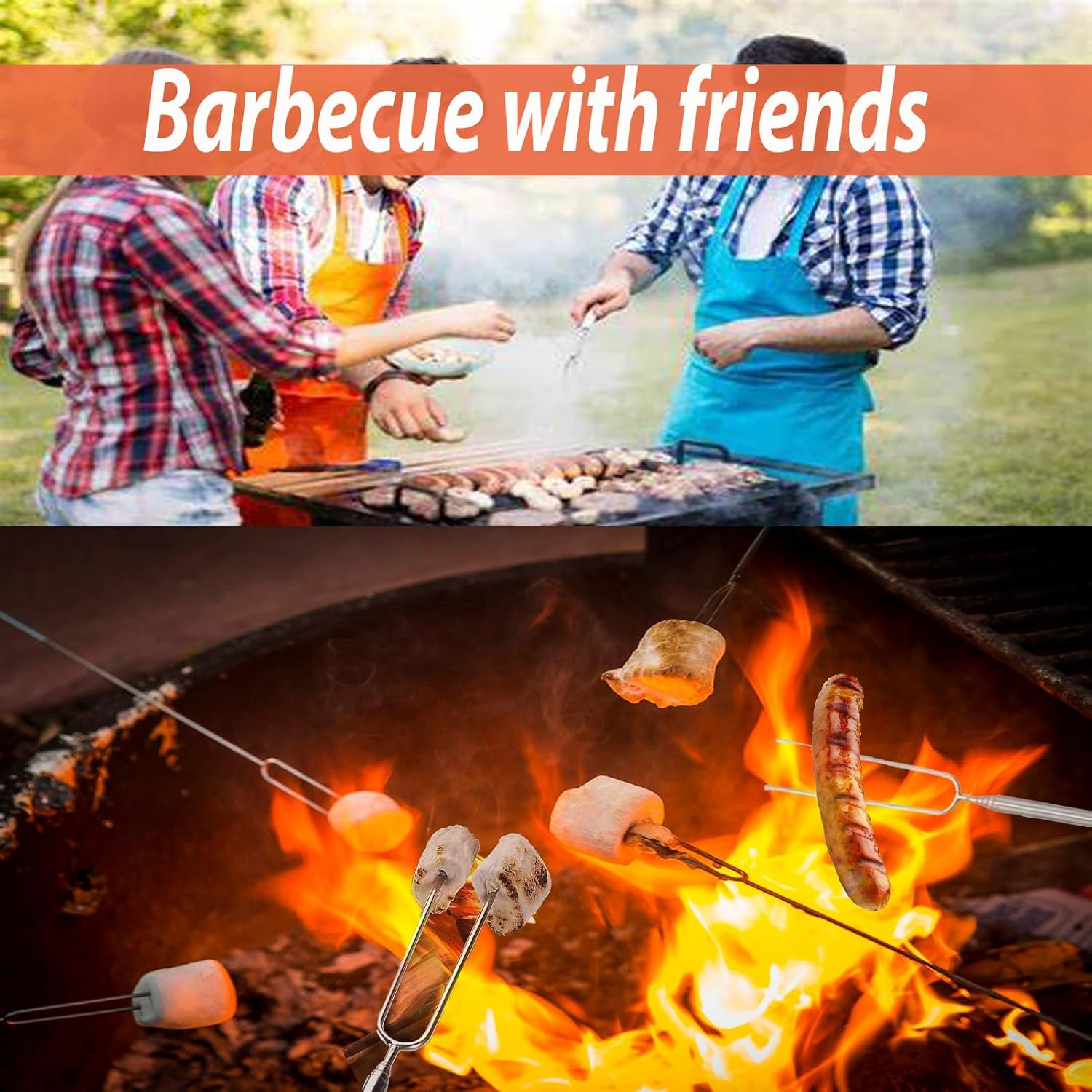 Marshmallow Roasting Sticks,8Pcs Extendable 32Inch Long Metal Barbecue Forks with 10 Kebab BBQ Skewers,Hot Dog Camping BBQ Stick Accessories,Smores Sticks for Fire Pit,Camping,Bonfire and Grill image number 1