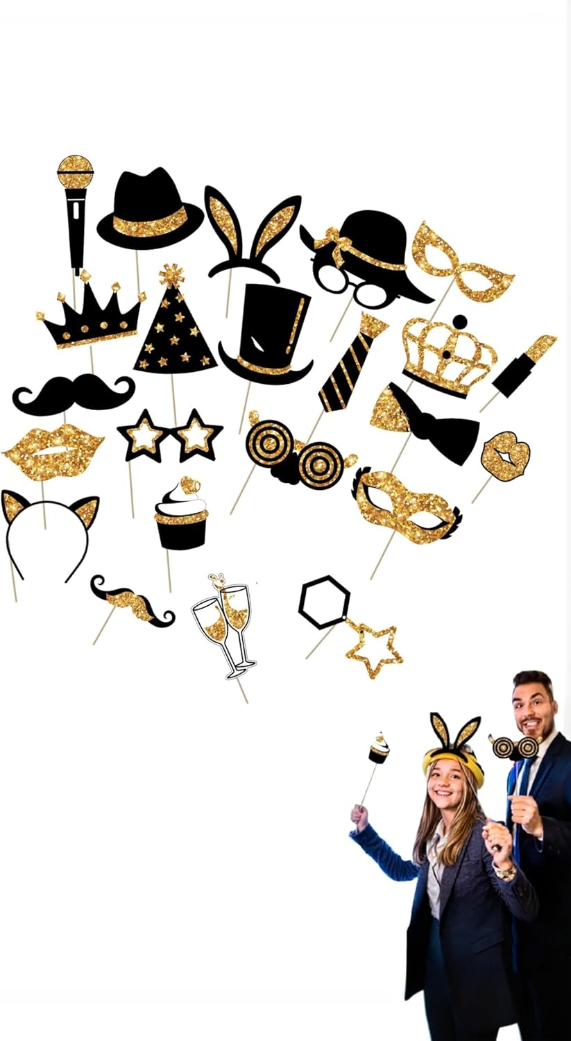 Honwor 24-Piece Golden Party Photo Booth Props - Perfect for Birthdays, Weddings, Graduation, Prom, and New Year Celebrations - Mix of Hats, Lipstick, Ties, and Crowns - Fun Party Supplies image number 5