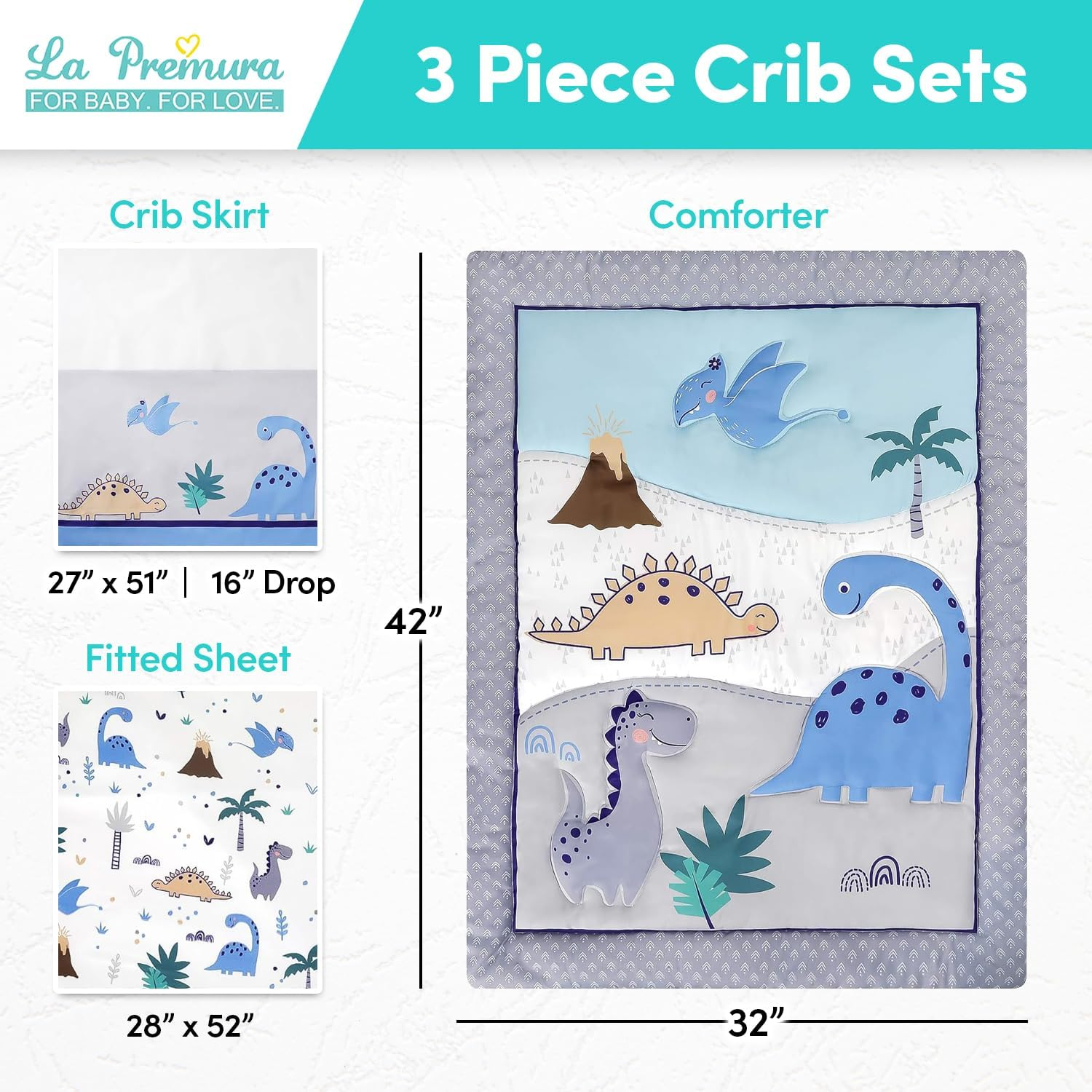 La Premura Dinosaur Baby Nursery Crib Bedding Set &ndash; Dinosaur 3 Piece Standard Size Crib Set, Grey/Blue - Unisex Nursey Bedding and Neutral Decor