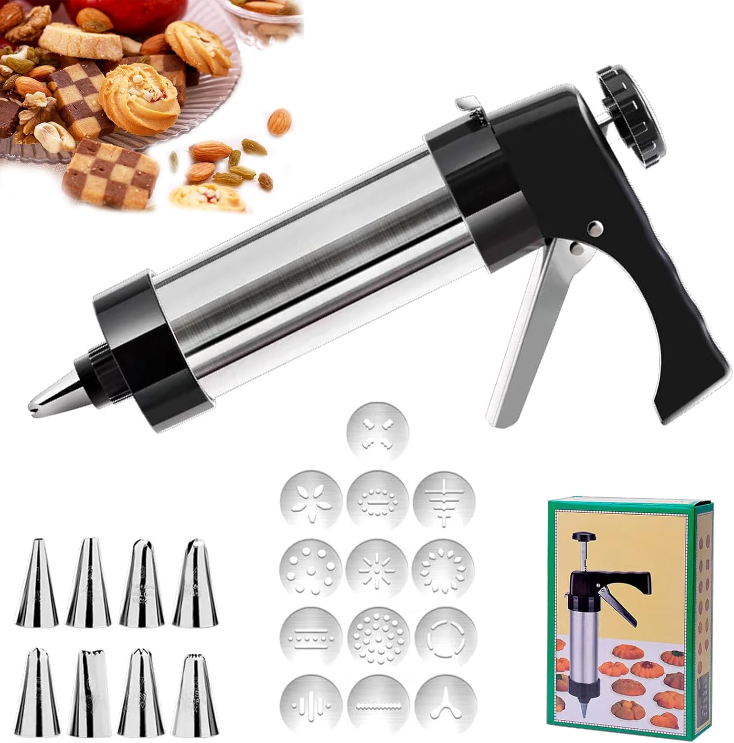 Jeyssui Cookie Press Gun，With 13 Spritz Cookie Press Stencil Discs and 8 Piping - Versatile,Reusable, Classic Stainless Steel Cookie Press for Baking,For Holidays Christmas Birthday DIY Biscuit Maker