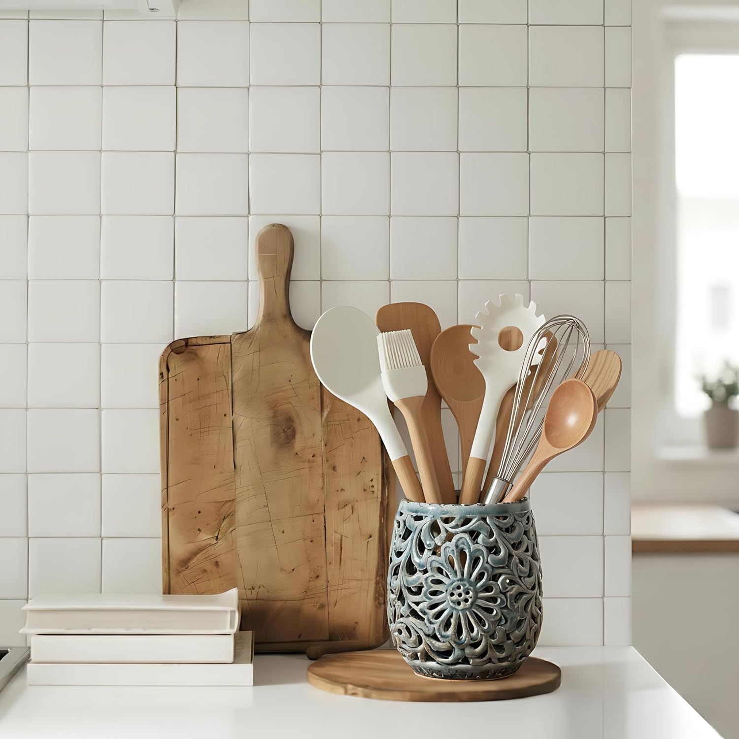 Farmhouse Kitchen Utensil Holder for Kitchen Counter, Ceramic Large Cooking Utensil Crock with Cork Mat, Countertop Cooking Tool Spatula Organizer, Antique Grayish Blue image number 6