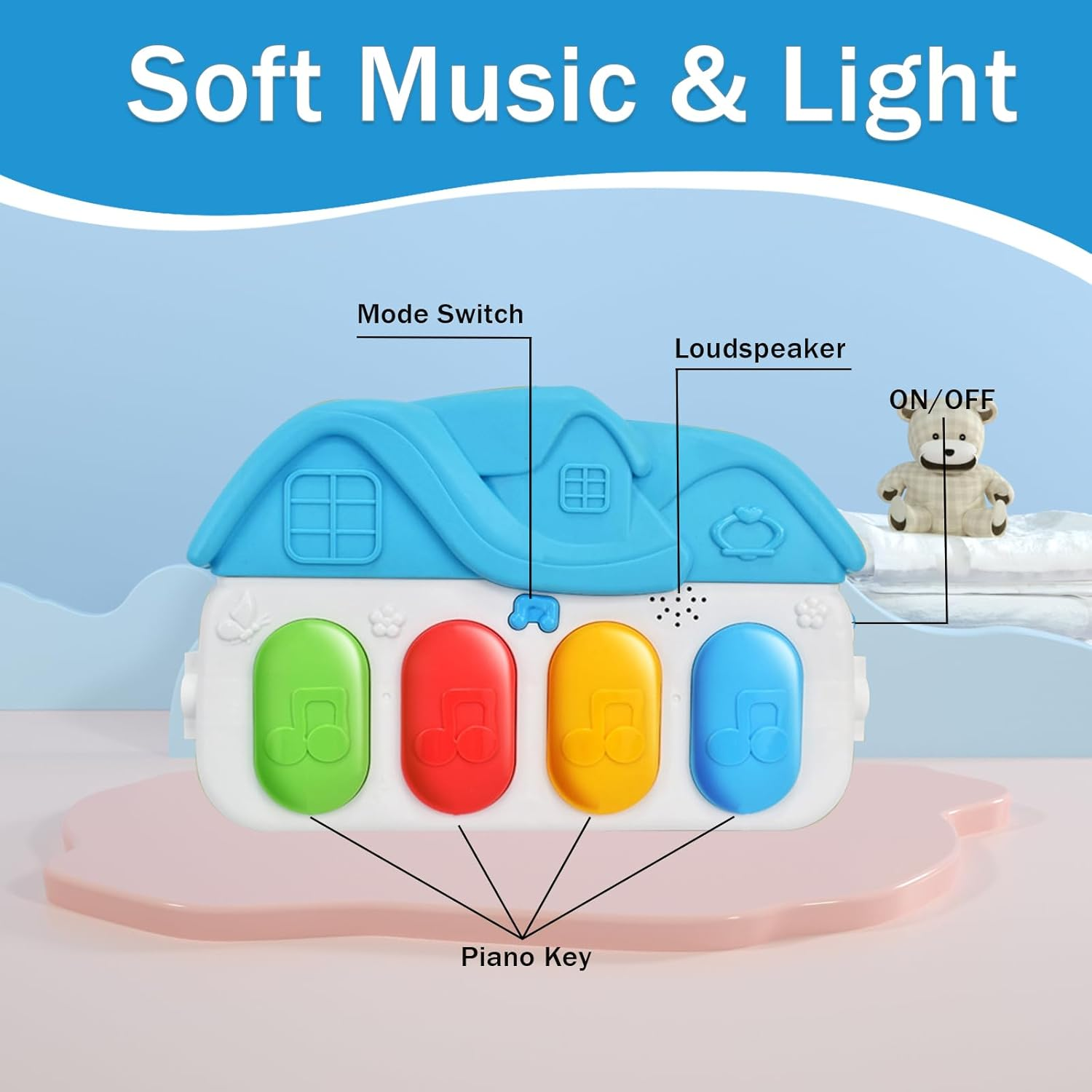 Baby Gyms Play Mats, Funny Play Piano Tummy Time Baby Activity Mat with 5 Infant Sensory Baby Toys Baby Play Piano Gym Mat with Music and Light for Babies Newborns and Toddlers (Blue)