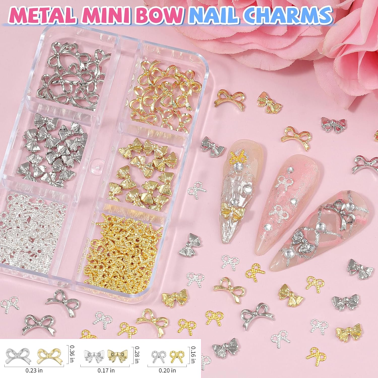 4 Boxes 3D Bow Nail Charms, Black/Silver/Gold Bows Charms Cute Resin Nail Bow Assorted Luxury Metal Bowknots with Pickup Tools for Women Nails Design Crafts DIY - 4B-Black image number 3