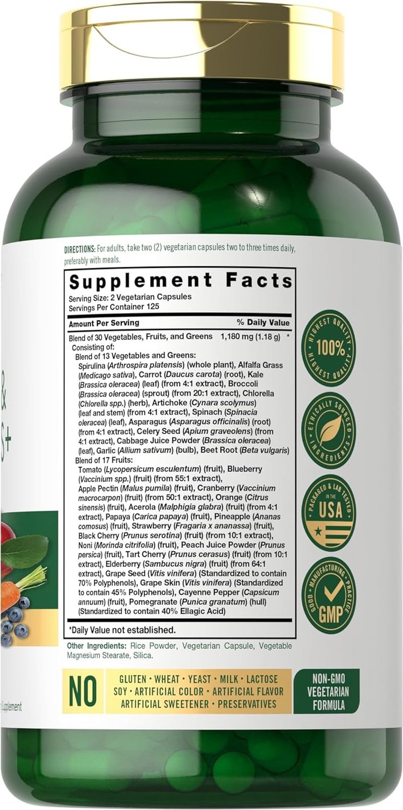 Fruits and Veggies Supplement | 250 Capsules | Made with 32 Fruits and Vegetables | Vegetarian, Non-Gmo, Gluten Free Superfood Formula | by Carlyle