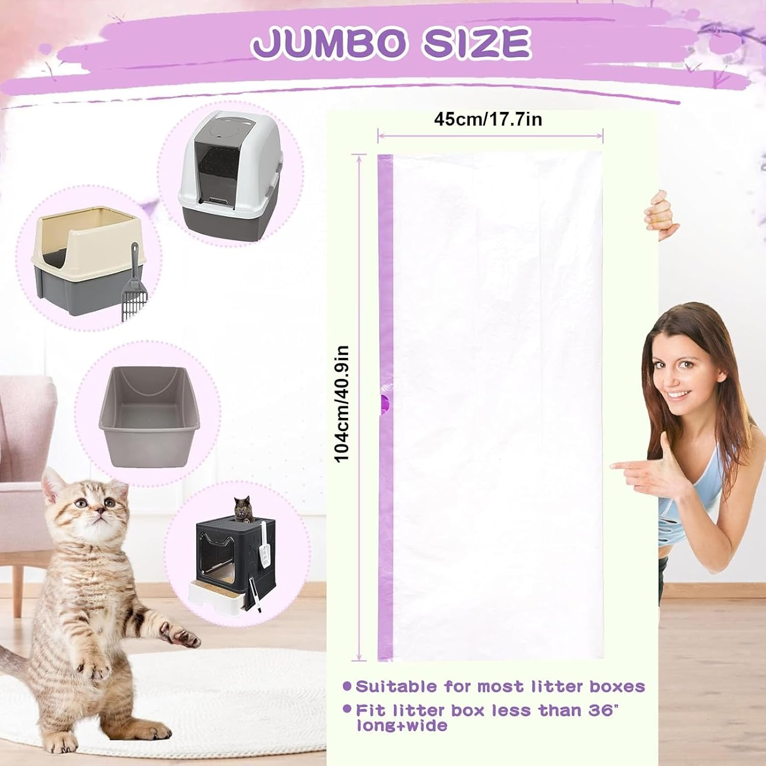 Cat Litter Box Liners Large, 35 Pack Jumbo Drawstring Cat Litter Bags, Extra Thick Pet Litter Pan Liners, Kitty Litter Bags Heavy Duty 41" X 18"