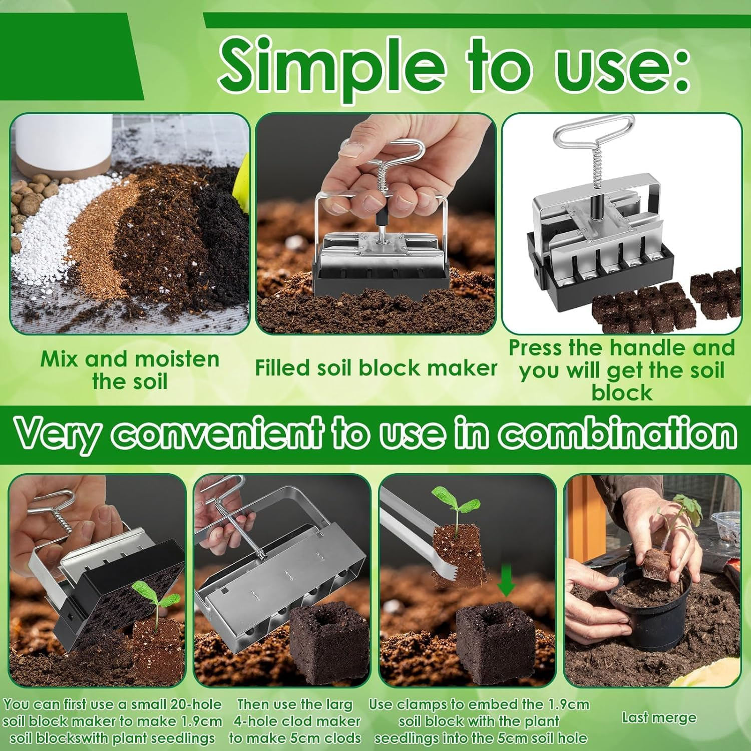 2Pcs Soil Blocker Set - 4 Cell/20Cell Seed Block Maker with Clip, Rustproof Handheld Garden Tool with Handle for Seedlings and Cuttings