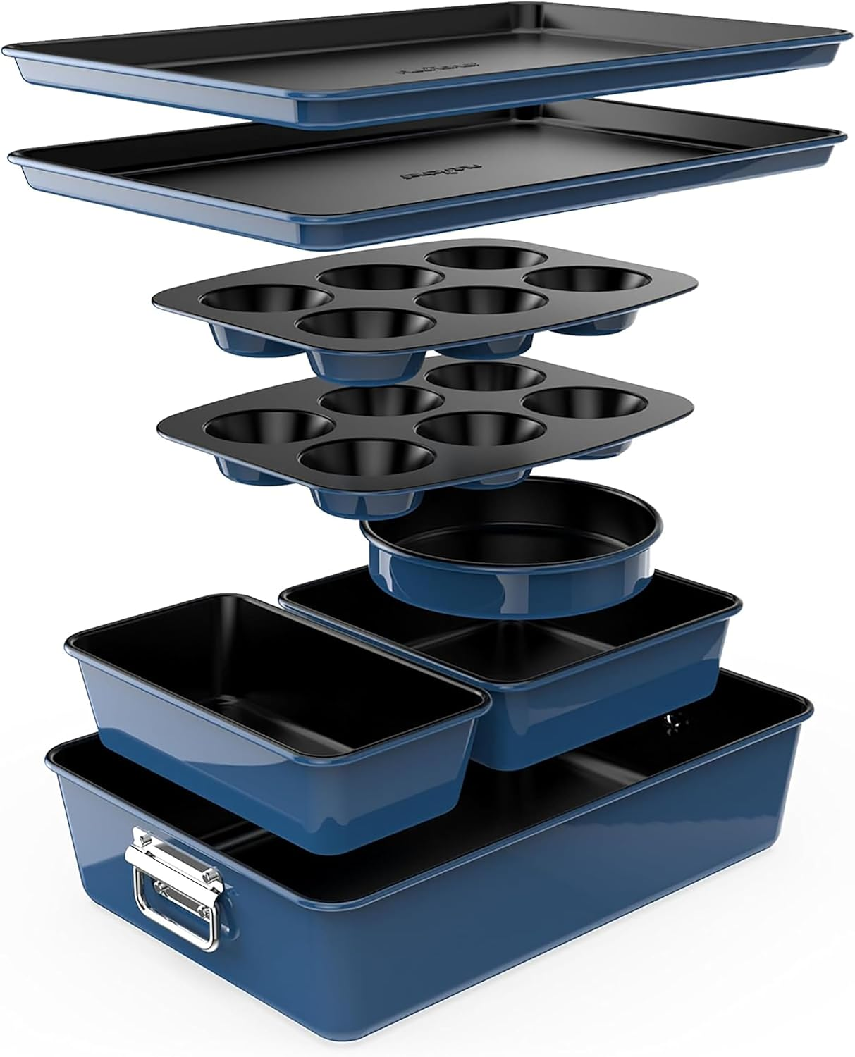 Nutrichef 8-Piece Nonstick Stackable Bakeware Set - PFOA, PFOS, PTFE Free Baking Tray Set W/Non-Stick Coating, 450&deg;F Oven Safe, round Cake, Loaf, Muffin, Wide/Square Pans, Cookie Sheet (Blue)