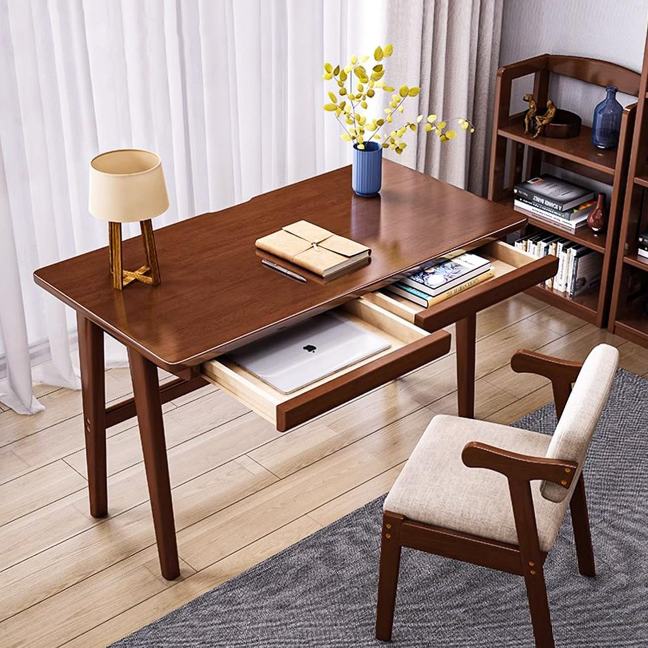 Wood Writing Desk with 2 Drawer,Home Office Desk for Small Spaces Study Desk PC Table Workstation (Walnut, 100X60X75Cm) image number 6