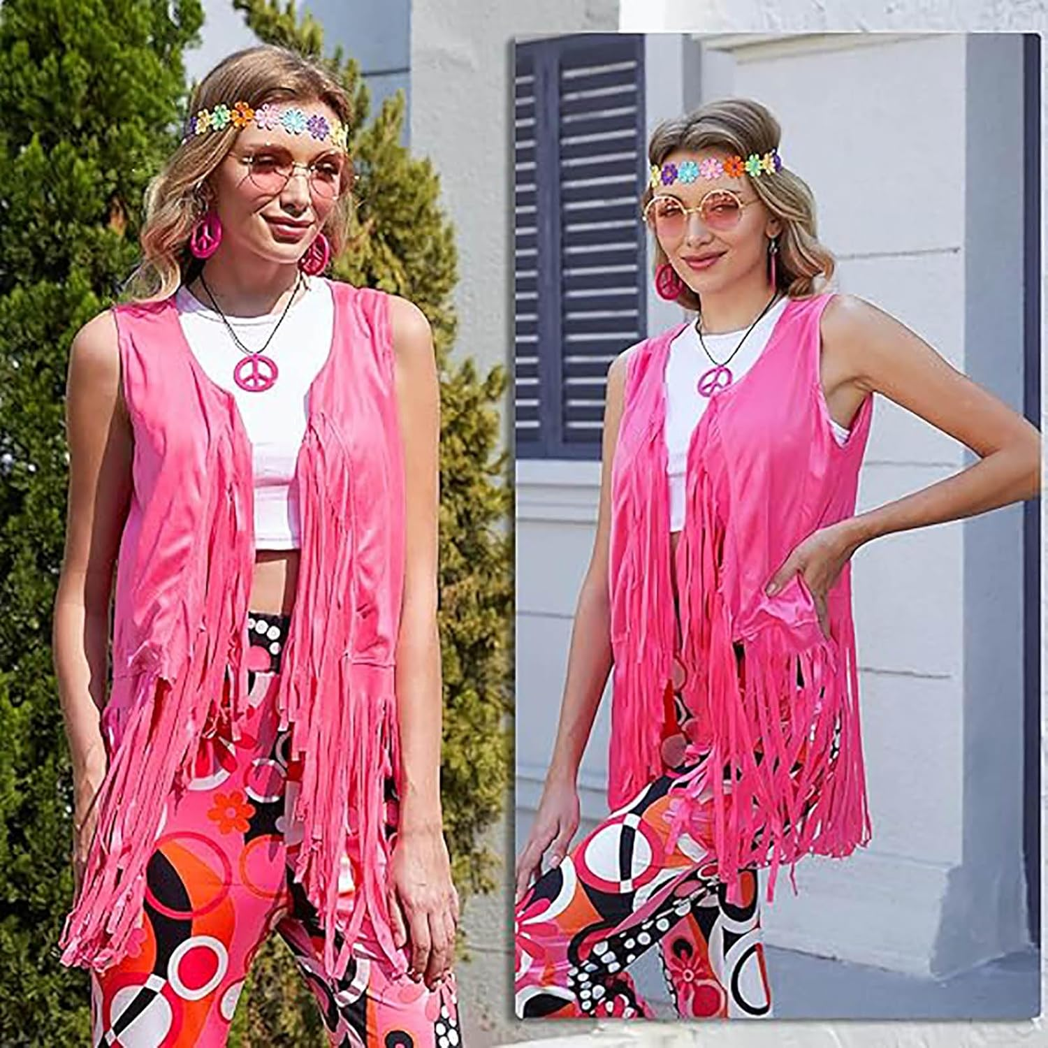 70S 80S Hippie Costume Women Fringe Vest Set Cowgirl Costume 70S Disco Outfit with Accessories, Earrings,Headband image number 3
