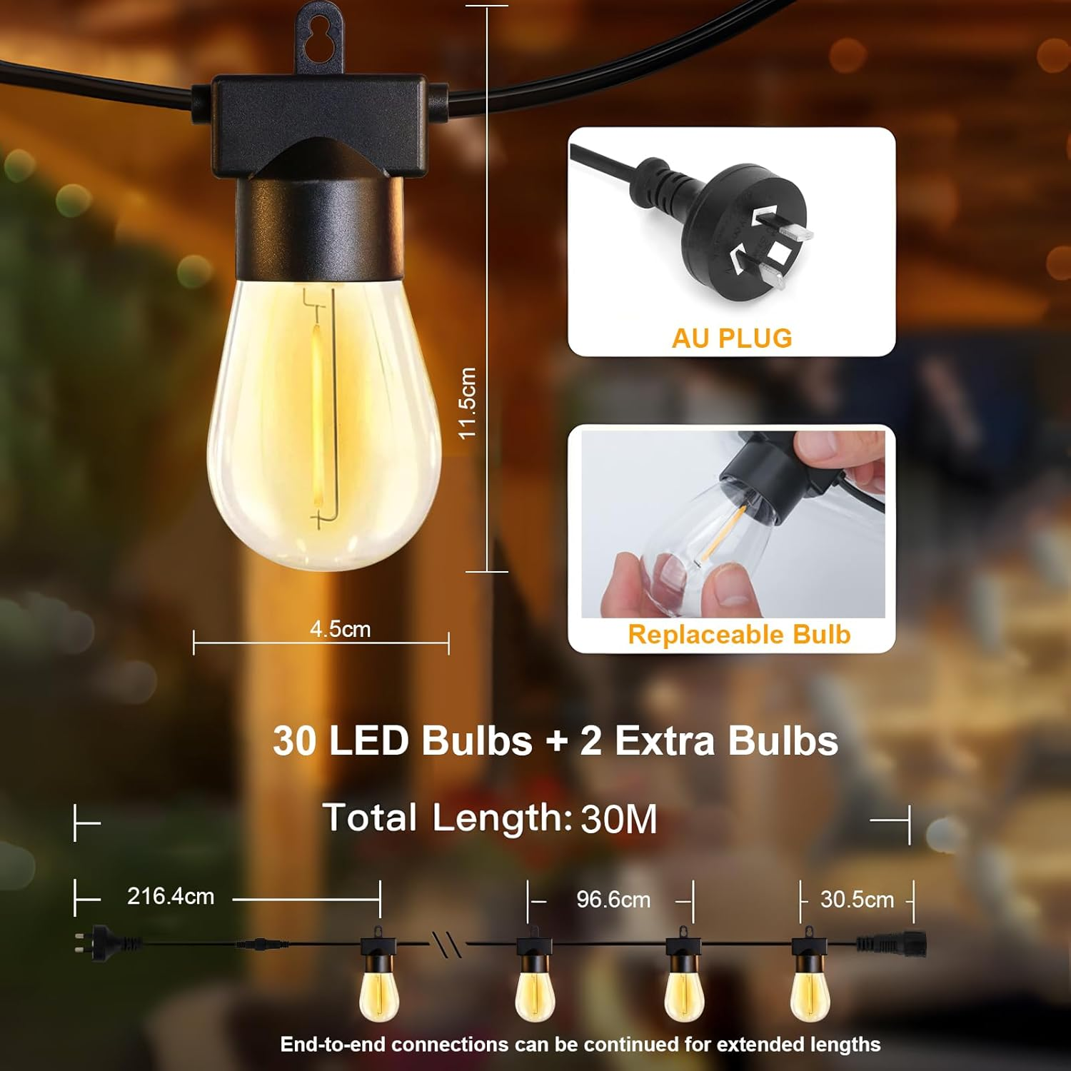 Roccar Festoon Lights Outdoor 30M, 1Pack Outdoor String Lights with 30+2 S14 LED Bulbs, Waterproof and Shatterproof Plug-In Outdoor Lights，2700K Warm White Fairy Lights for Party, Garden, Yard image number 6