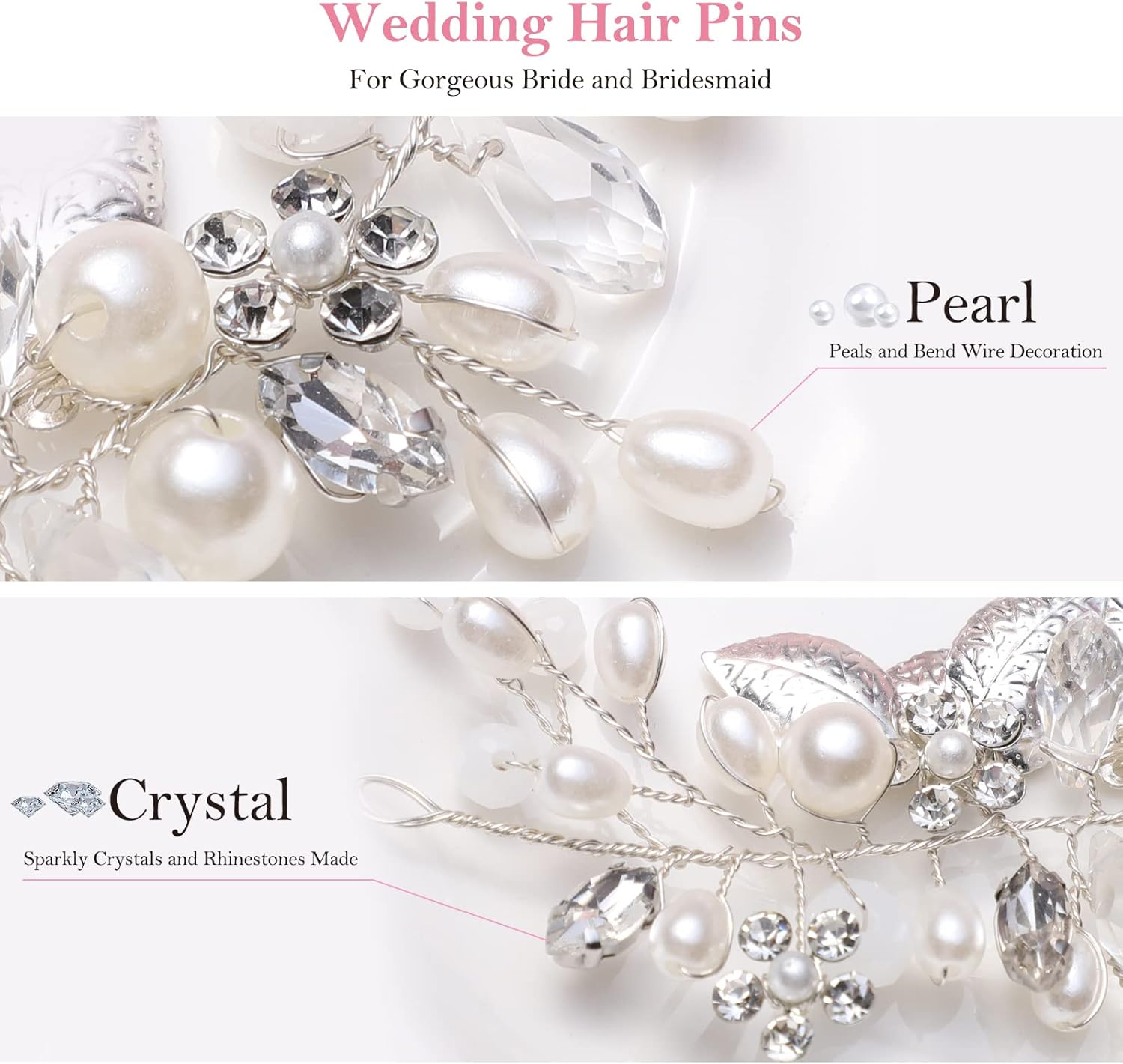 Bridal Jewellery, Etercycle Bridal Headpiece Wedding Hair Clips Crystal Hair Pins Vines Flower Leaf Pearl Hair Accessories for Bride - Silver image number 6