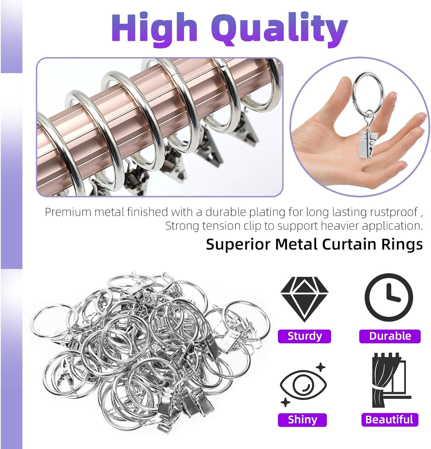Swpeet 40 Pack Silver Curtain Rings with Clips, Curtain Clip Rings Hooks, Bow Hanger Clips, Hangers Drapes Rings for Hanging Drapery Drapes Bows, Ring 1.38" Interior Diameter, Fits up to 1" Rod - Silver image number 2