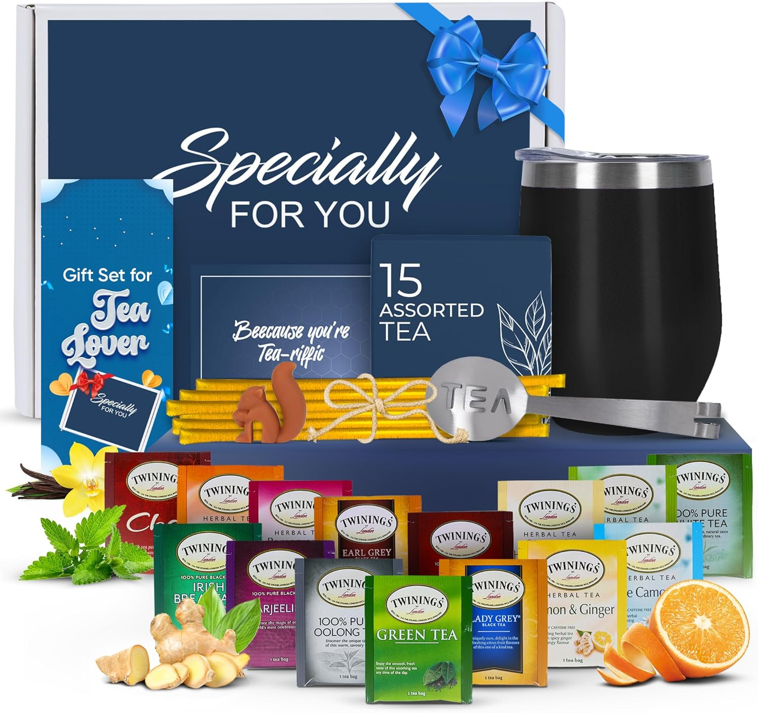 Tea Gifts for Women &ndash; Sampler Gift Basket with 15 Unique Blends, Honey Sticks, Stainless Tumbler & Gift-Ready Box (Teal)