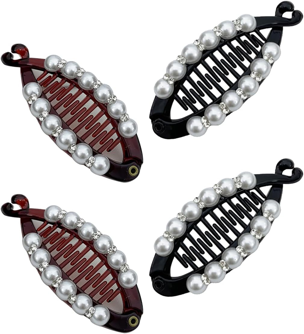 Faux Pearl Banana Clips Hair Clincher Combs Fishtail Hair Claw Clips Grips Clamp Fish Shape Barrette Ponytail Holder Clip Hair Accessories for Women 4 Pcs image number 4