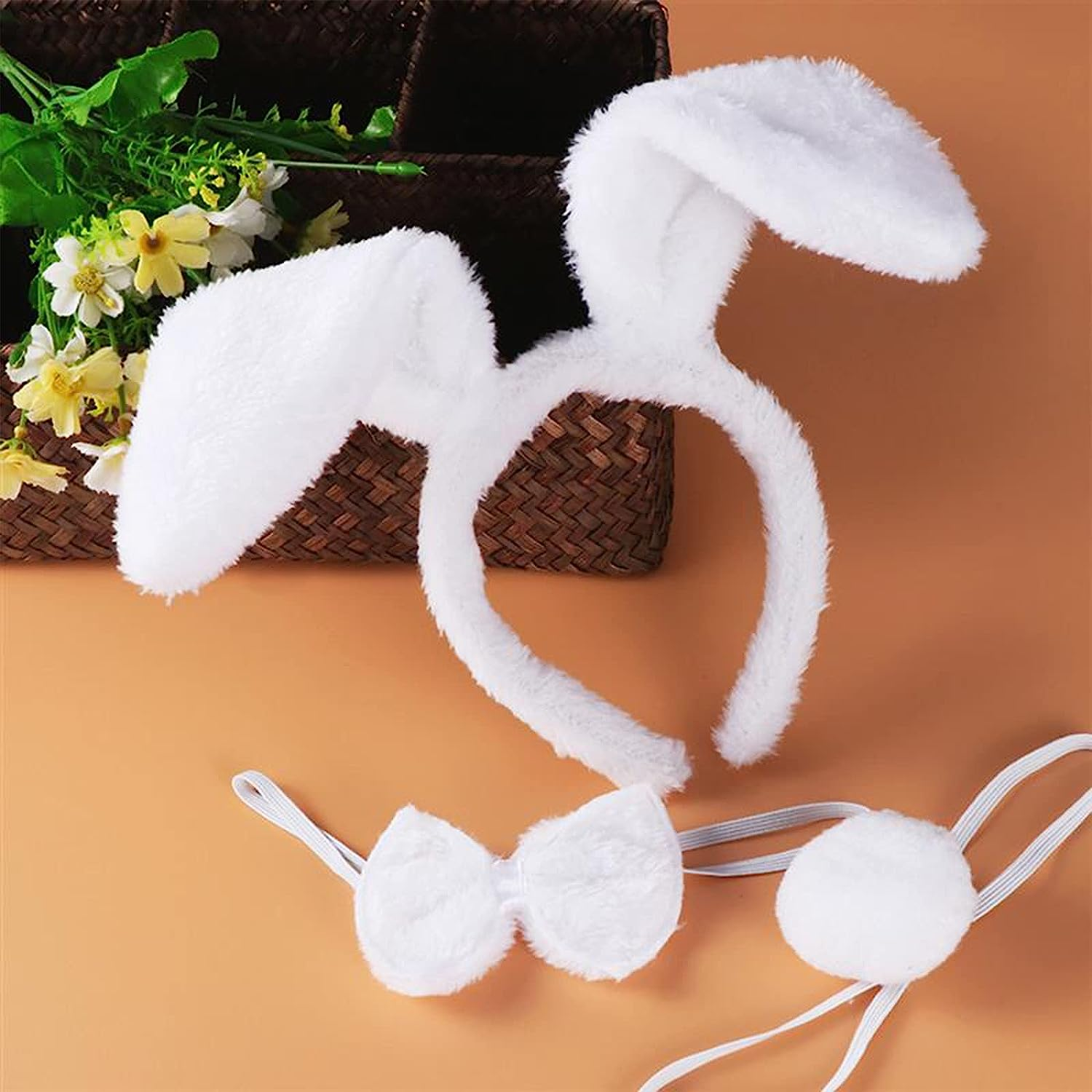 Aoozleny Bunny Rabbit Costume Set, Ears Headband Bow Ties Tail Set for Halloween Christmas Cosplay Party Costume Assesories - White image number 4