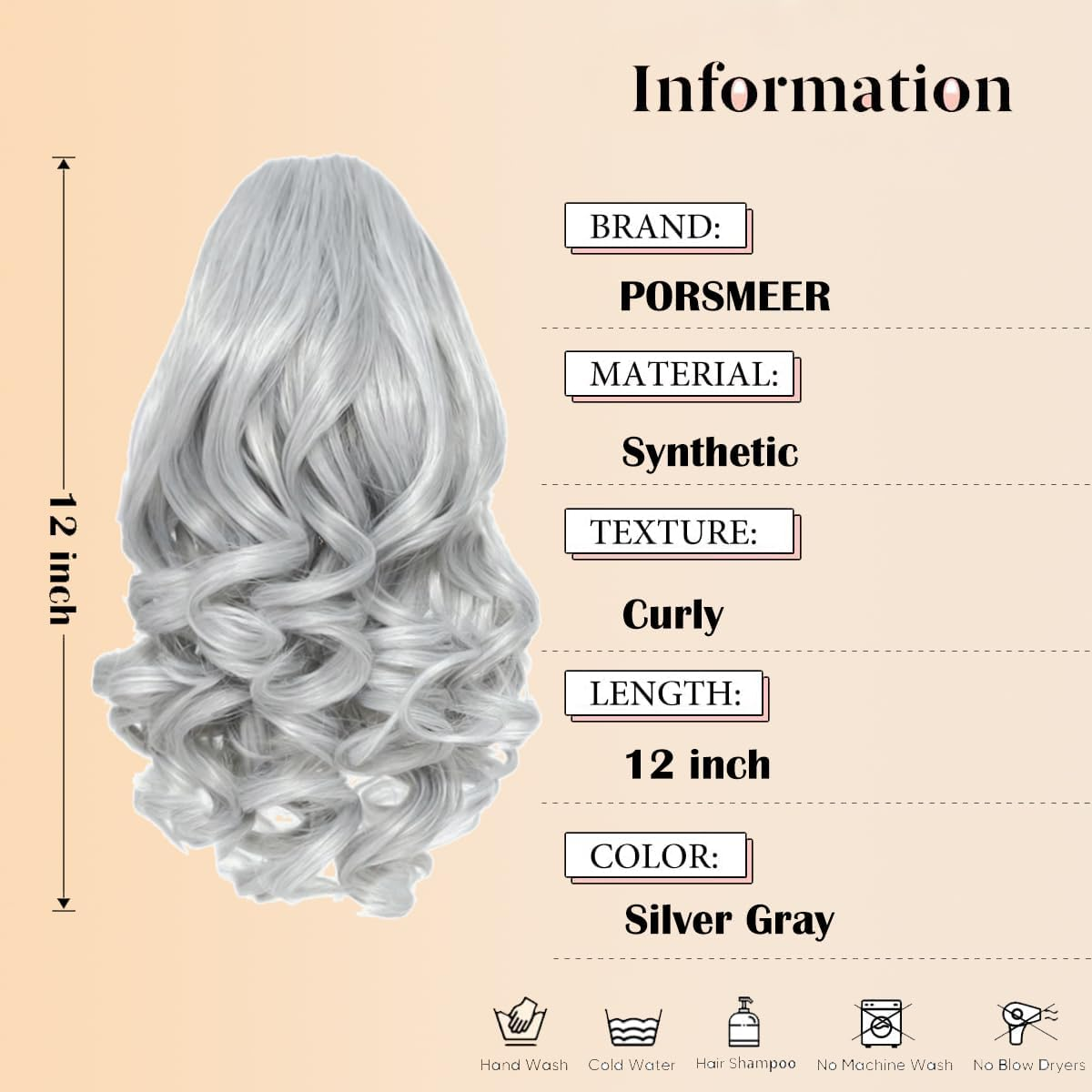PORSMEER Ponytail Hairpiece with Drawstring, Short Wavy Braid Extension Hair Extensions, Synthetic Wavy Hair Extensions, Clip-In Ponytail, Silver-Grey for Women, 26 Cm image number 5