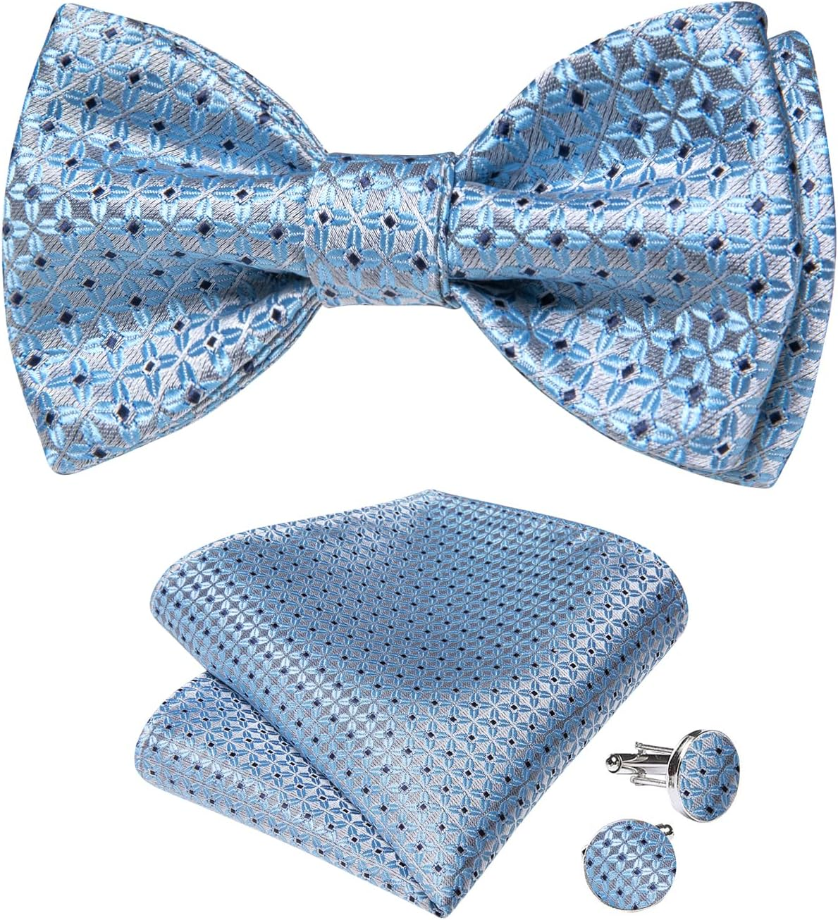 Dibangu Mens Silk Self Bow Ties,Woven Solid Striped Paisley Bowtie and Pocket Square Cufflinks Set for Men Tuxedo Wedding